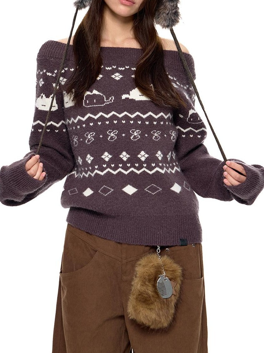 EZEK Retro Printed Knit Loose Women's Acrylic Blend Off-shoulder Sweaters