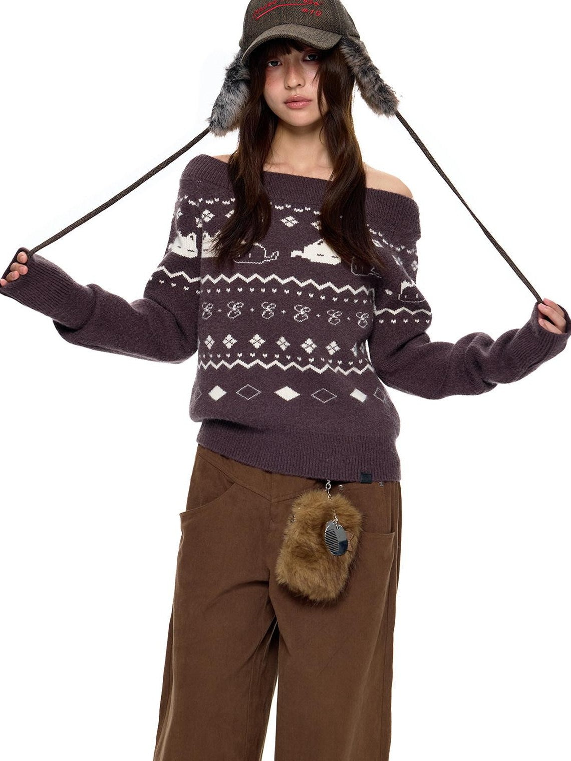 EZEK Retro Printed Knit Loose Women's Acrylic Blend Off-shoulder Sweaters