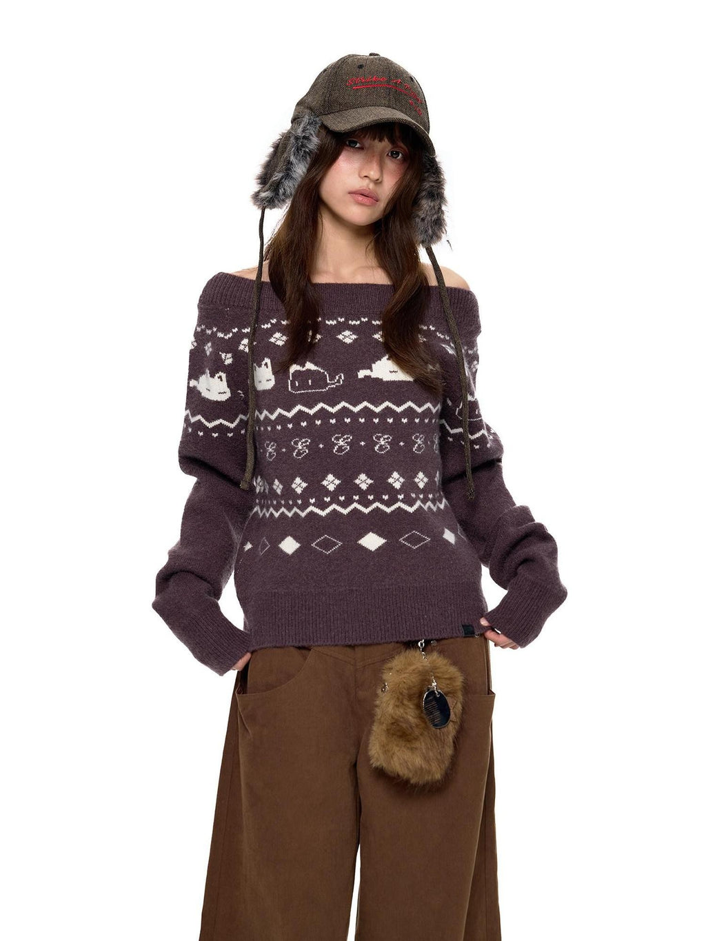 EZEK Retro Printed Knit Loose Women's Acrylic Blend Off-shoulder Sweaters