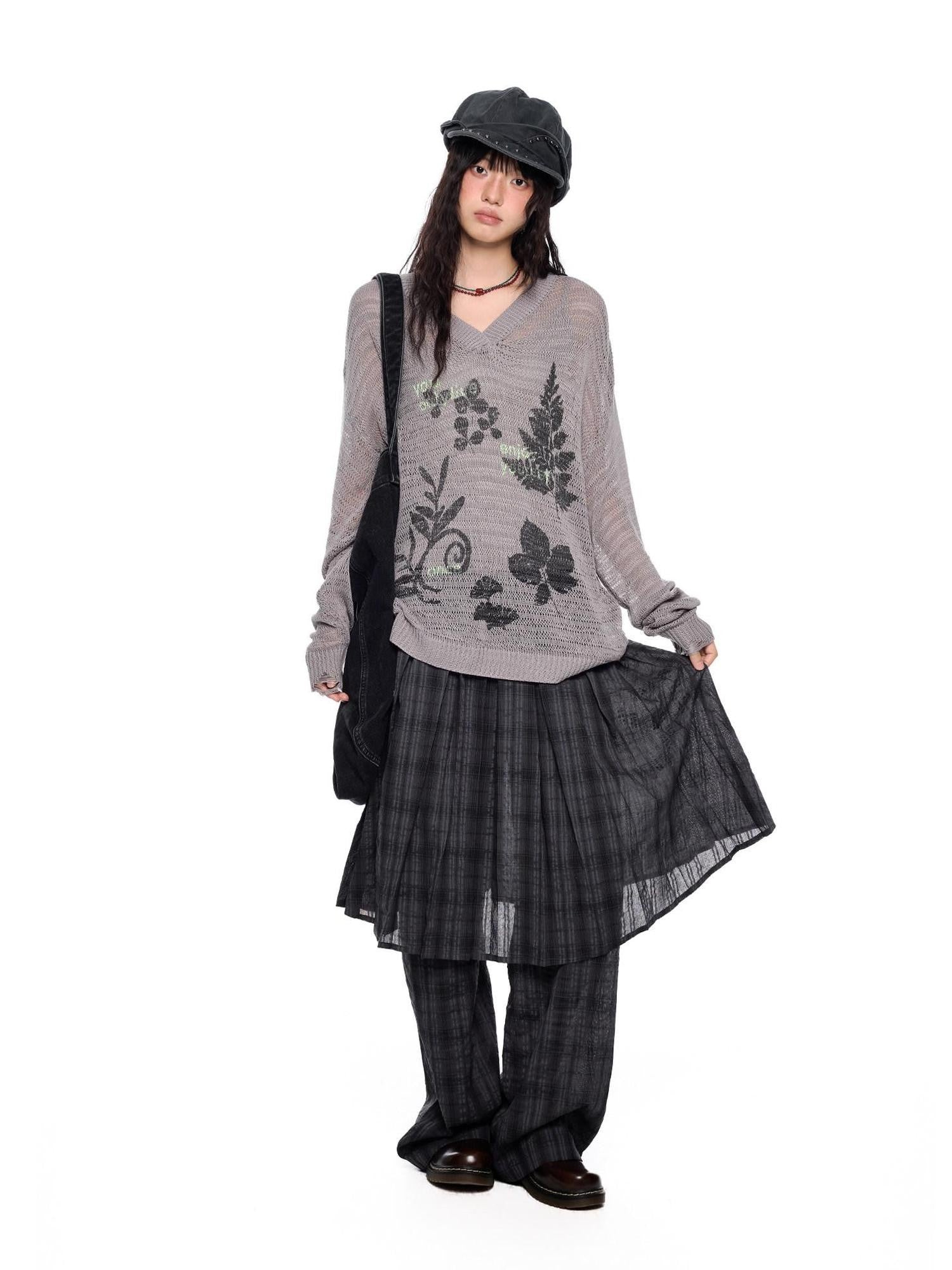 EZEK Retro Printed Knit Women's Acrylic V-neck Pullover Long Sleeve T-shirts