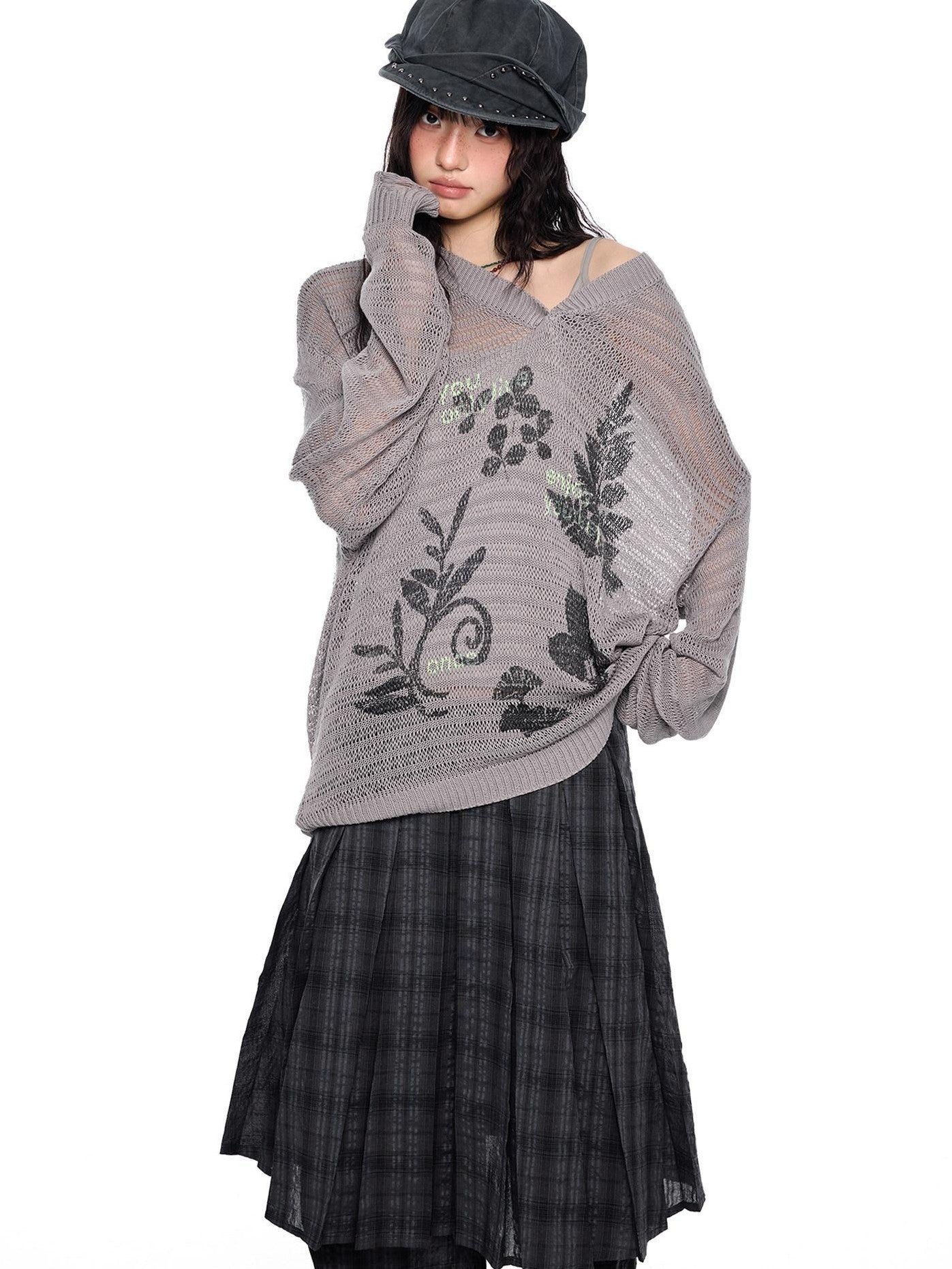 EZEK Retro Printed Knit Women's Acrylic V-neck Pullover Long Sleeve T-shirts