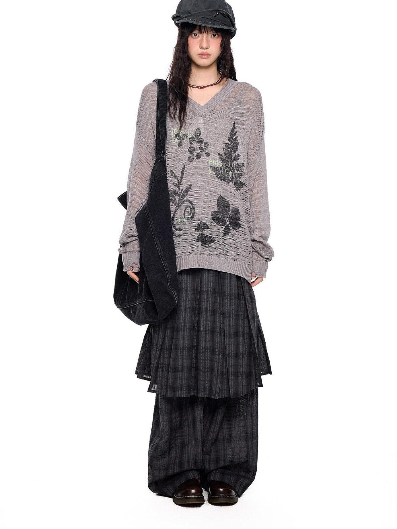 EZEK Retro Printed Knit Women's Acrylic V-neck Pullover Long Sleeve T-shirts