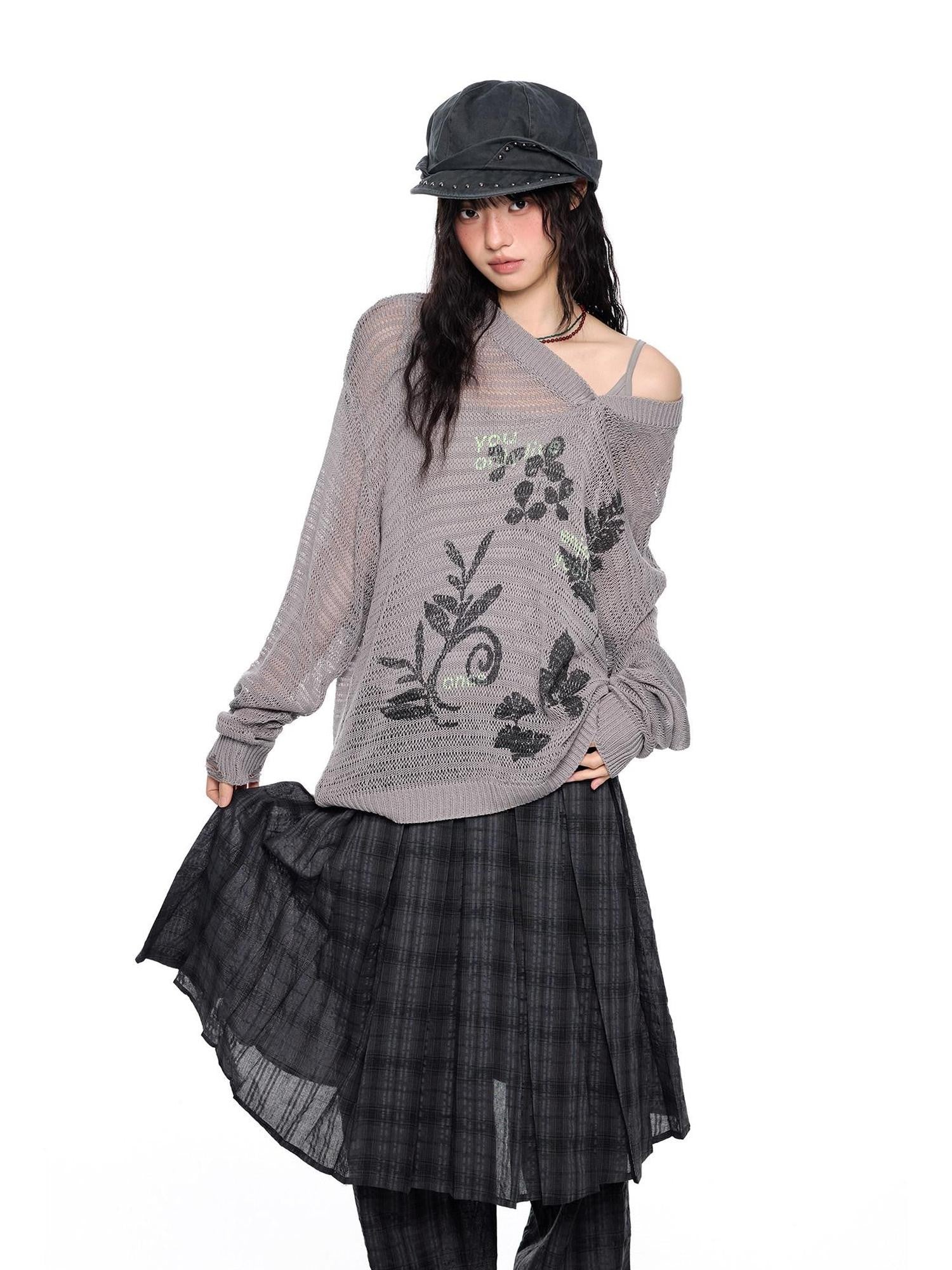 EZEK Retro Printed Knit Women's Acrylic V-neck Pullover Long Sleeve T-shirts