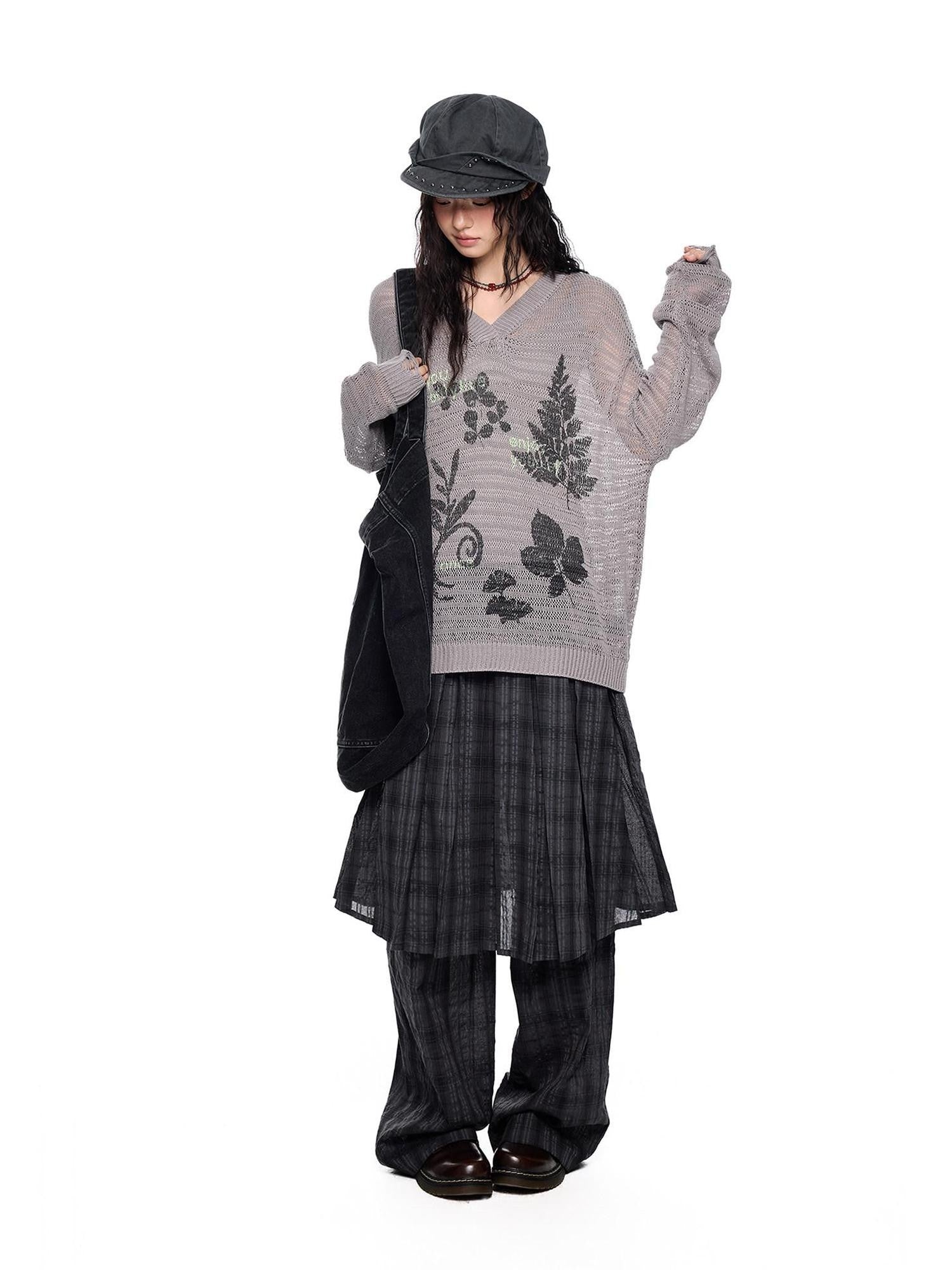 EZEK Retro Printed Knit Women's Acrylic V-neck Pullover Long Sleeve T-shirts