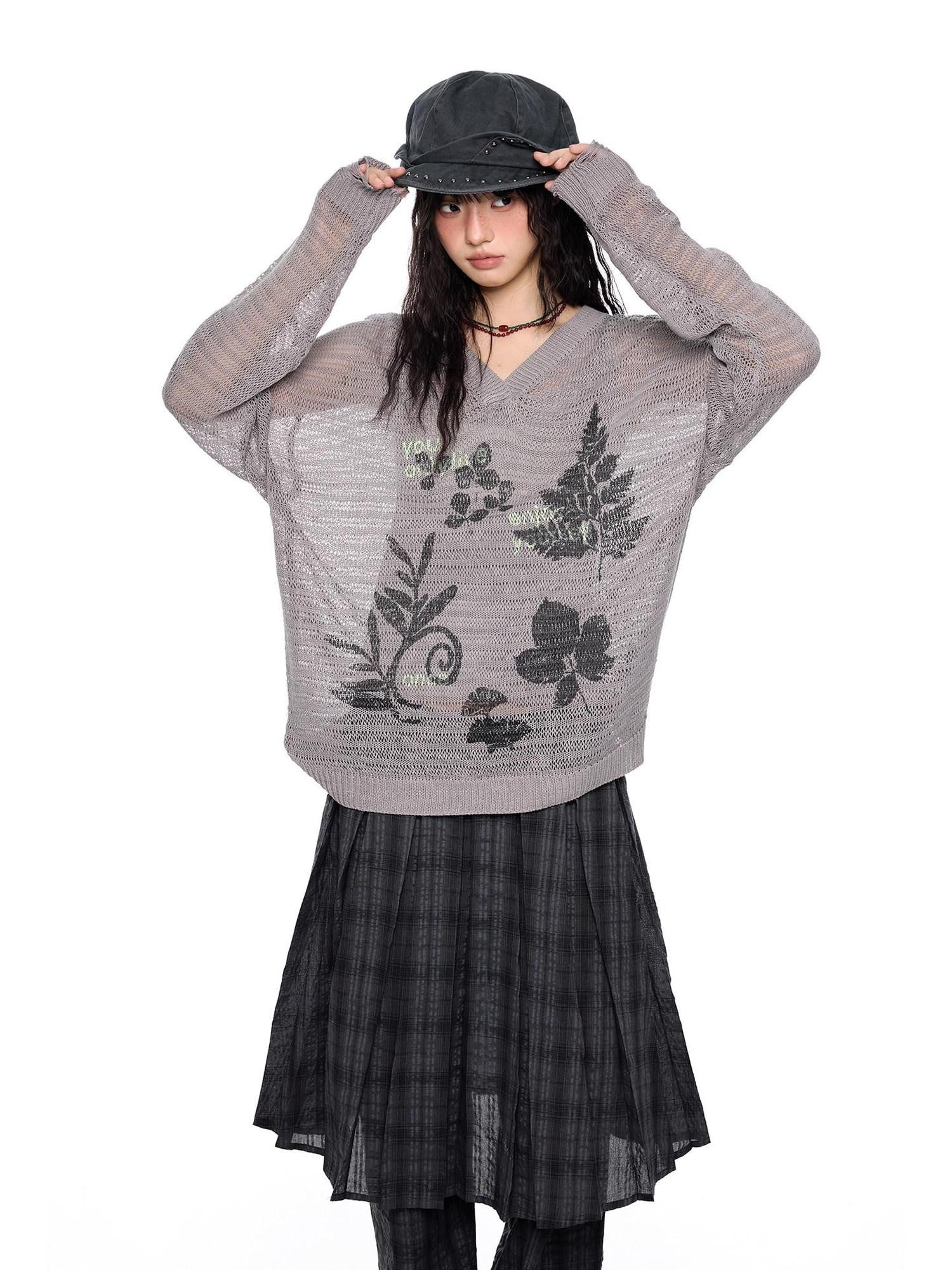 EZEK Retro Printed Knit Women's Acrylic V-neck Pullover Long Sleeve T-shirts