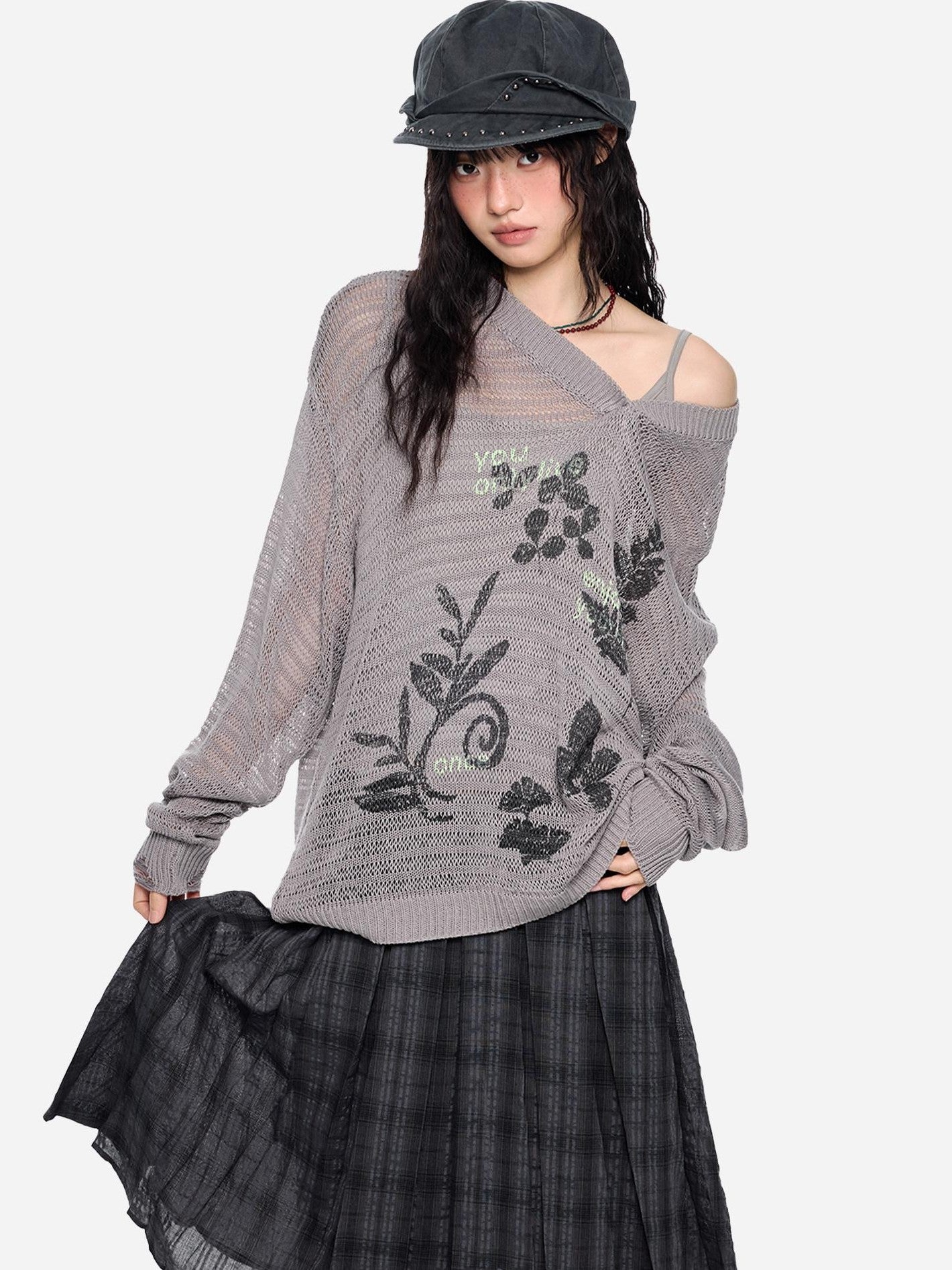 EZEK Retro Printed Knit Women's Acrylic V-neck Pullover Long Sleeve T-shirts