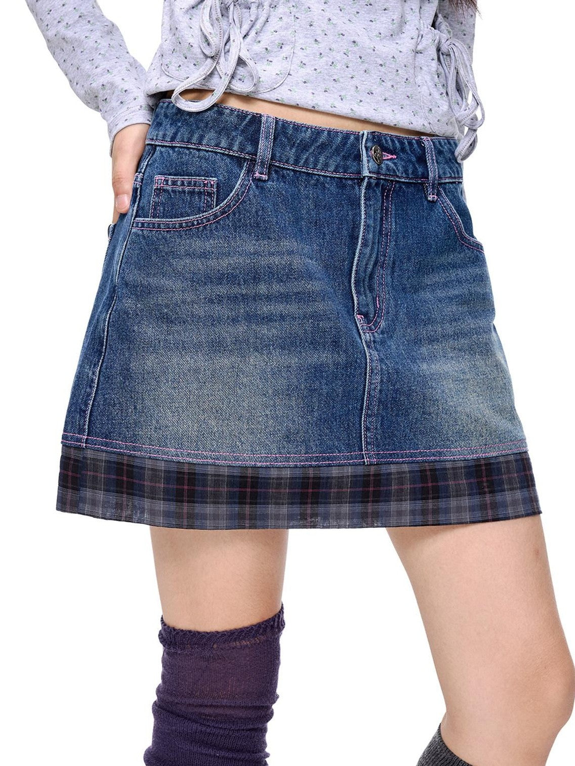EZEK Retro Splice Pocket A Line Low Rise Women's Cotton Denim Skirts