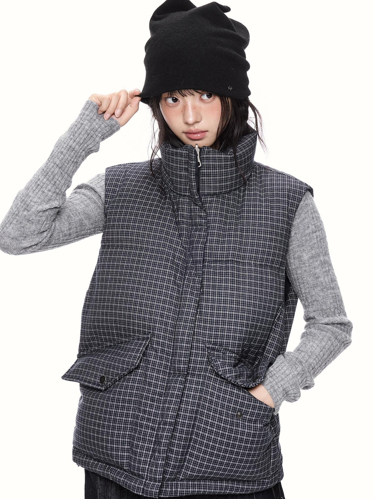 EZEK Reversible Plaid Stand Collar Quilted Women's Vests