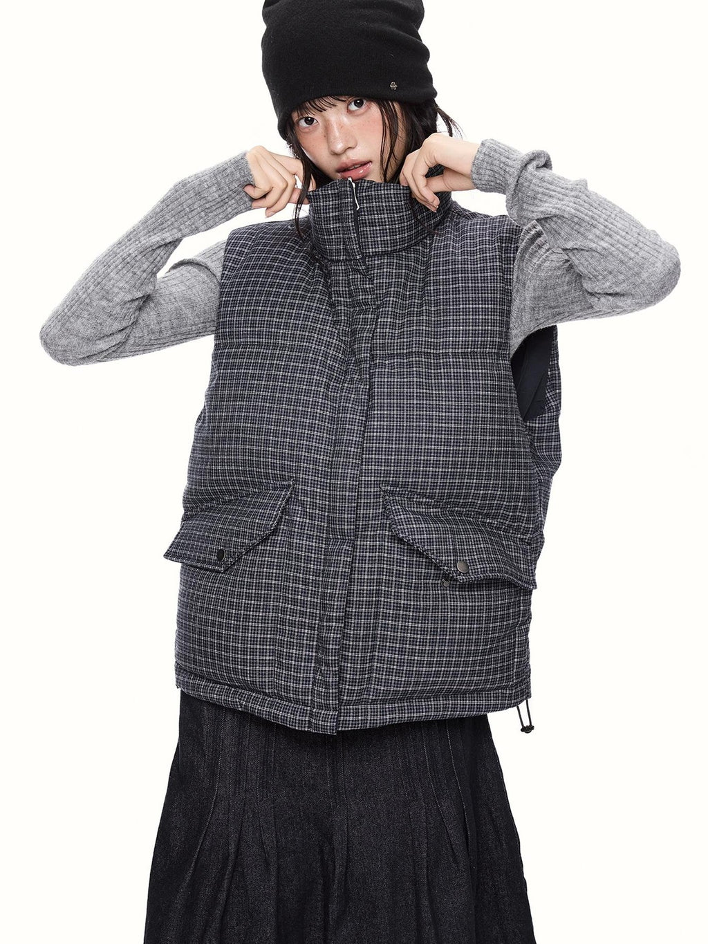EZEK Reversible Plaid Stand Collar Quilted Women's Vests