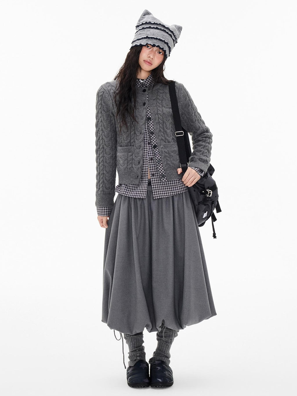 EZEK Ruched Bubble Hem A Line Pocket Women's Polyester Midi Skirts