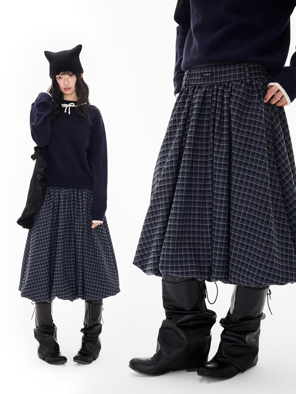 EZEK Ruched Bubble Hem A Line Pocket Women's Polyester Midi Skirts