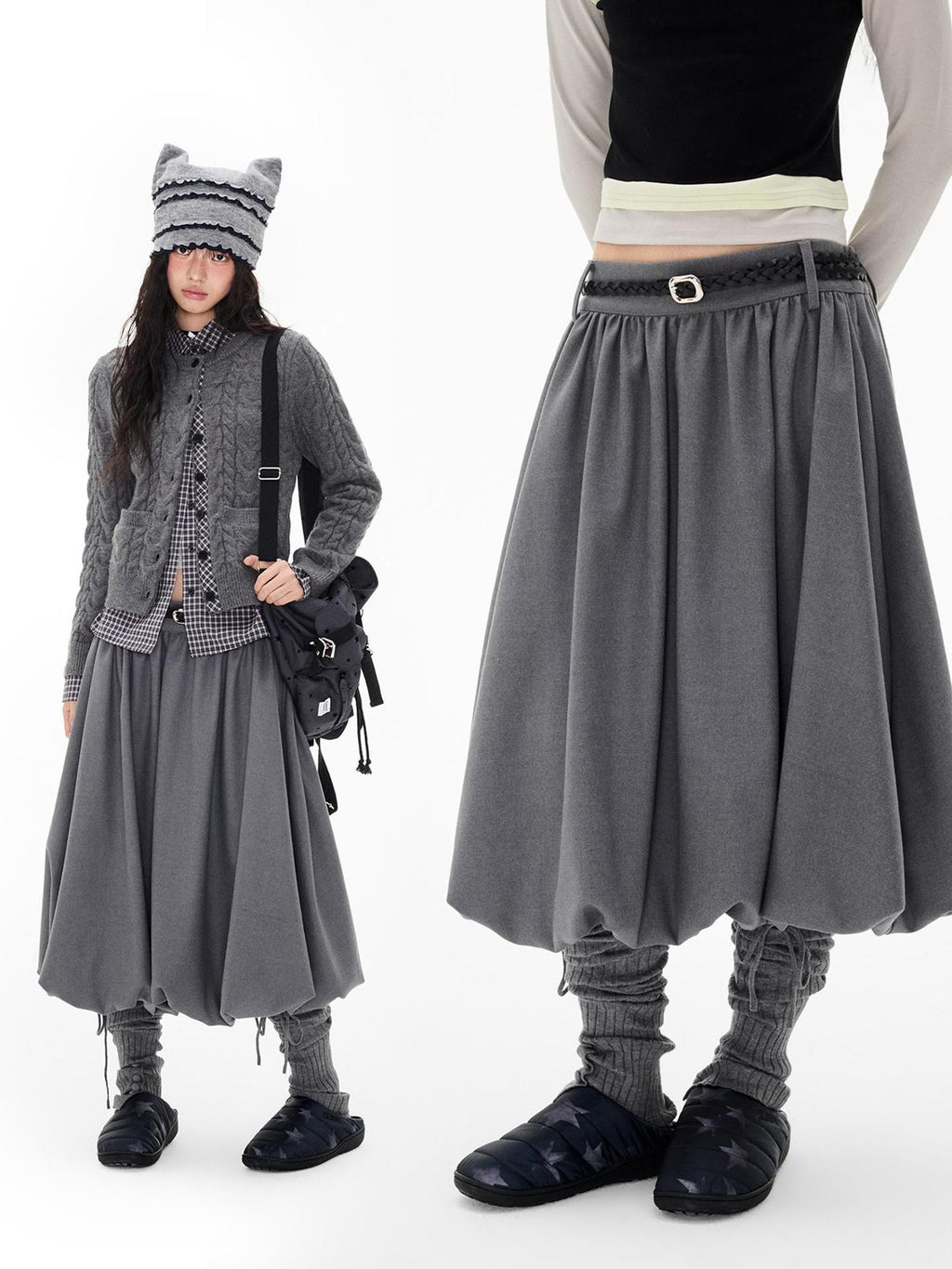 EZEK Ruched Bubble Hem A Line Pocket Women's Polyester Midi Skirts