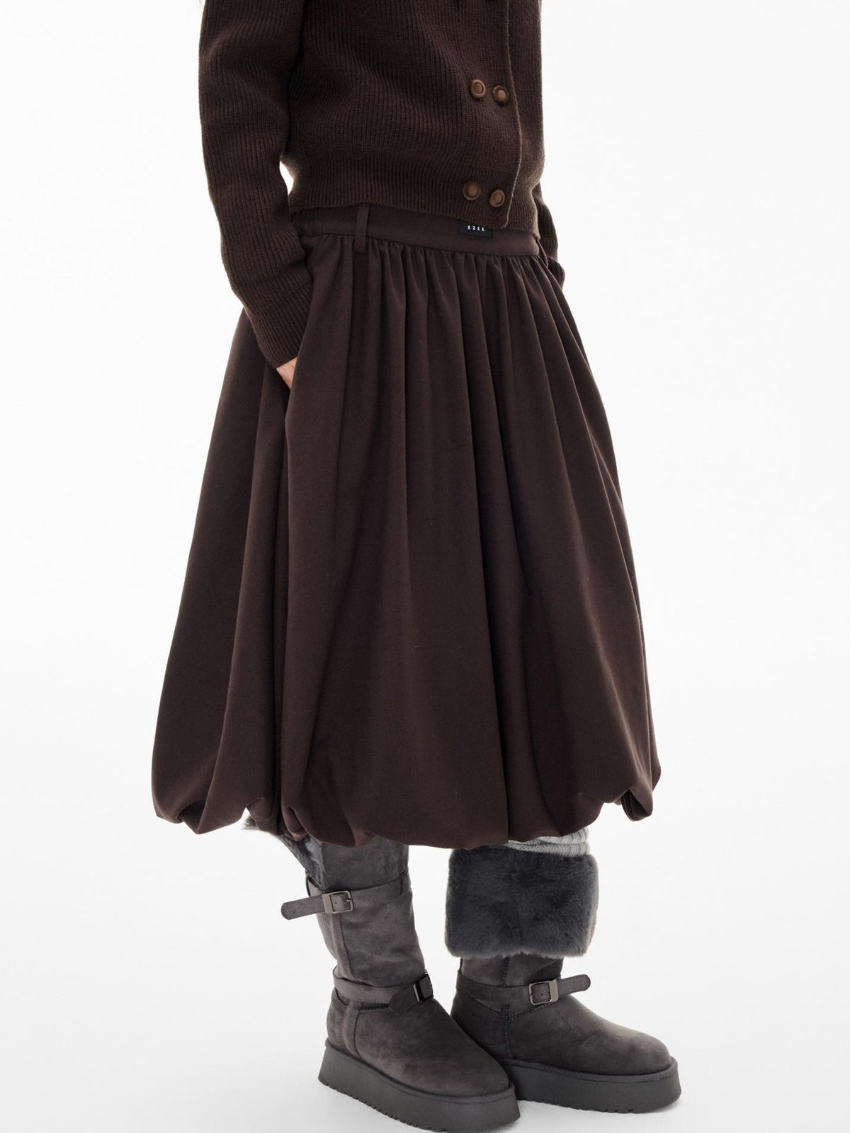 EZEK Ruched Bubble Hem A Line Pocket Women's Polyester Midi Skirts
