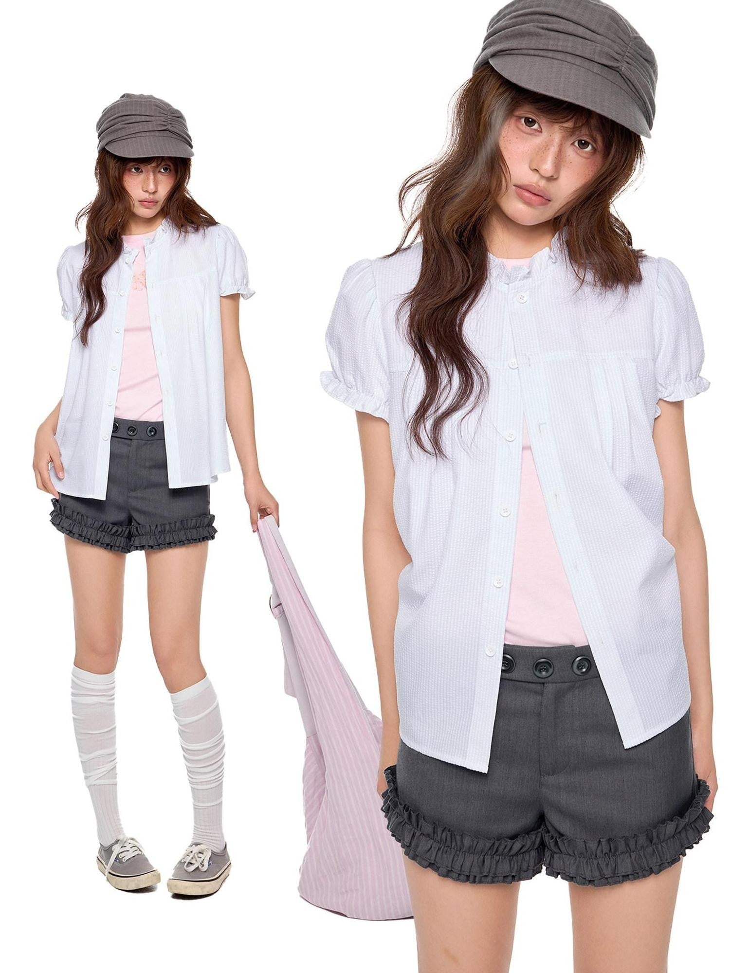 EZEK Ruched Lace Stand Collar Buttons Women's Polyester Cotton Short Sleeve T-shirts