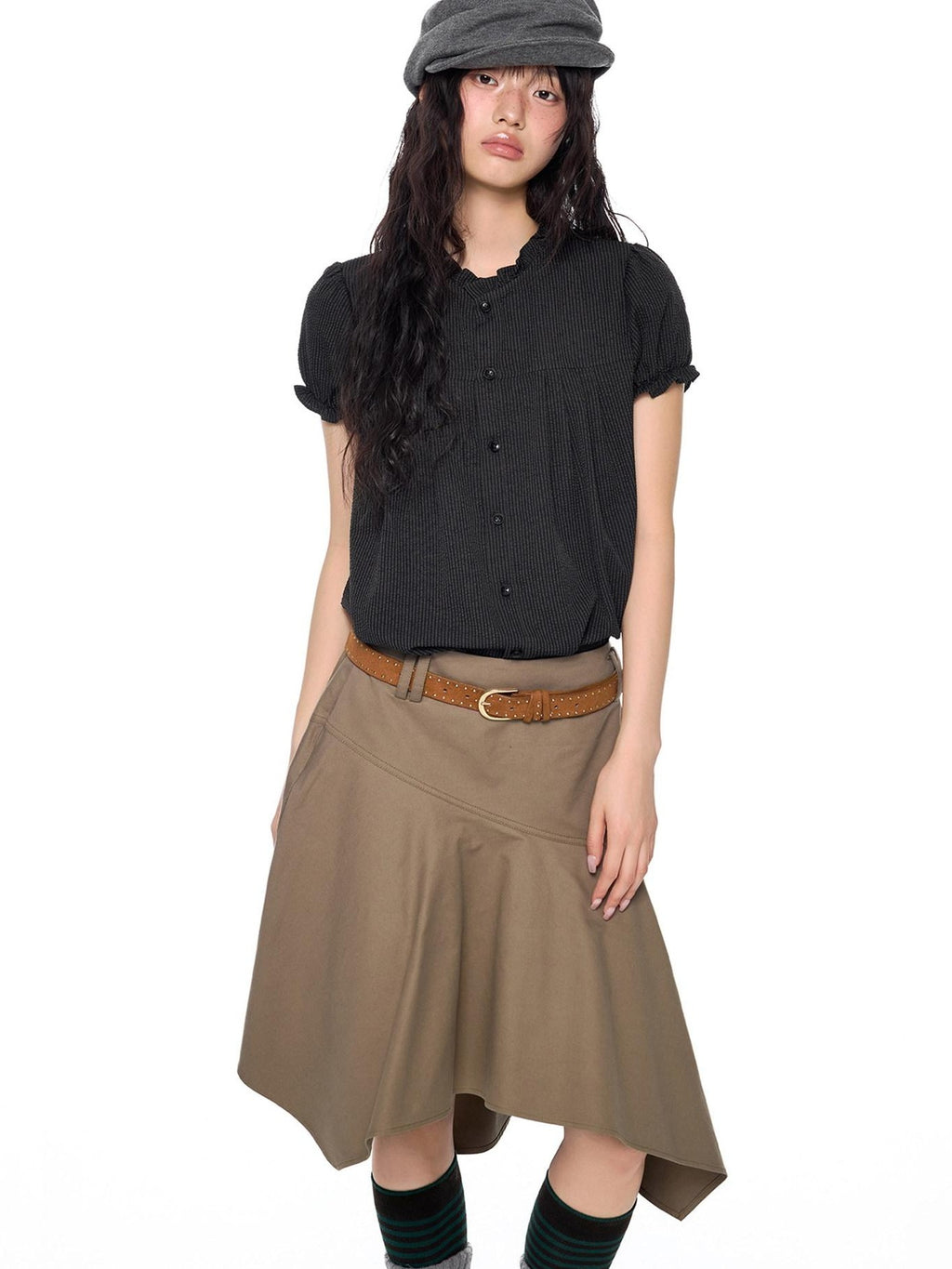EZEK Ruched Lace Stand Collar Buttons Women's Polyester Cotton Short Sleeve T-shirts
