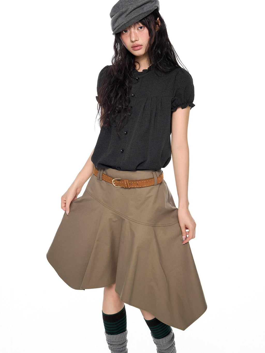 EZEK Ruched Lace Stand Collar Buttons Women's Polyester Cotton Short Sleeve T-shirts