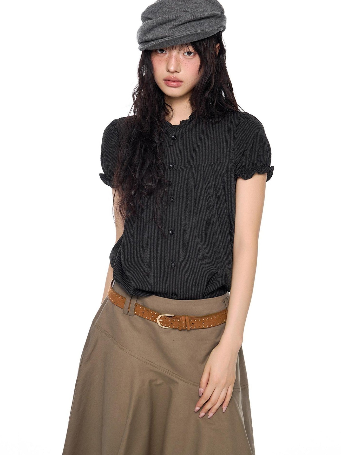 EZEK Ruched Lace Stand Collar Buttons Women's Polyester Cotton Short Sleeve T-shirts