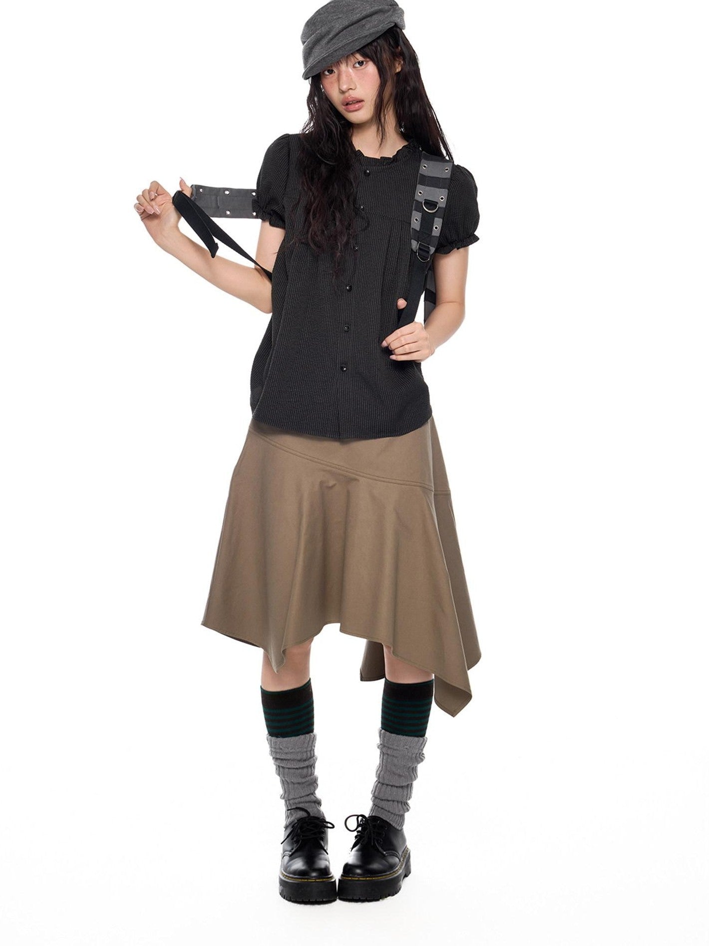 EZEK Ruched Lace Stand Collar Buttons Women's Polyester Cotton Short Sleeve T-shirts