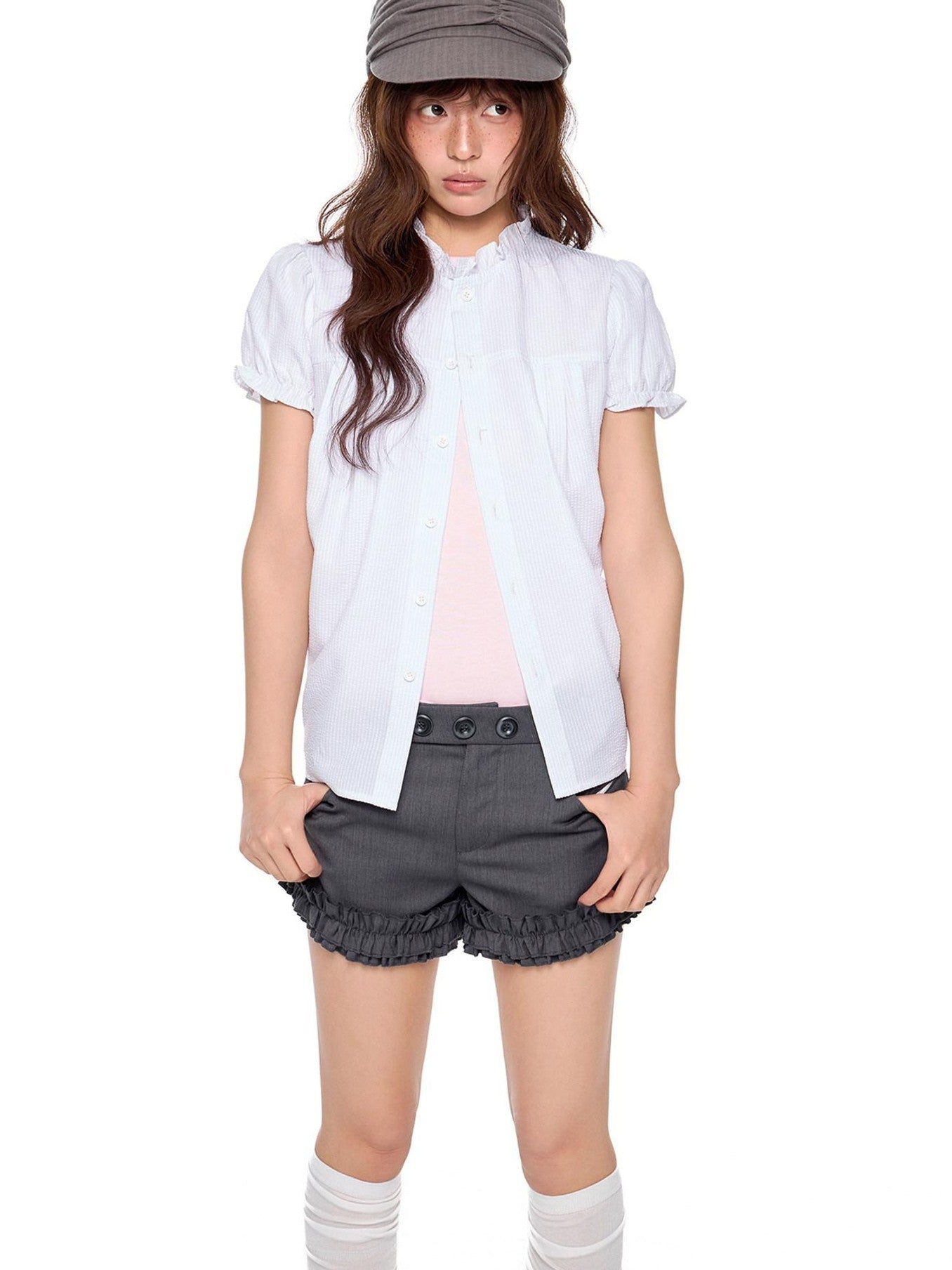 EZEK Ruched Lace Stand Collar Buttons Women's Polyester Cotton Short Sleeve T-shirts