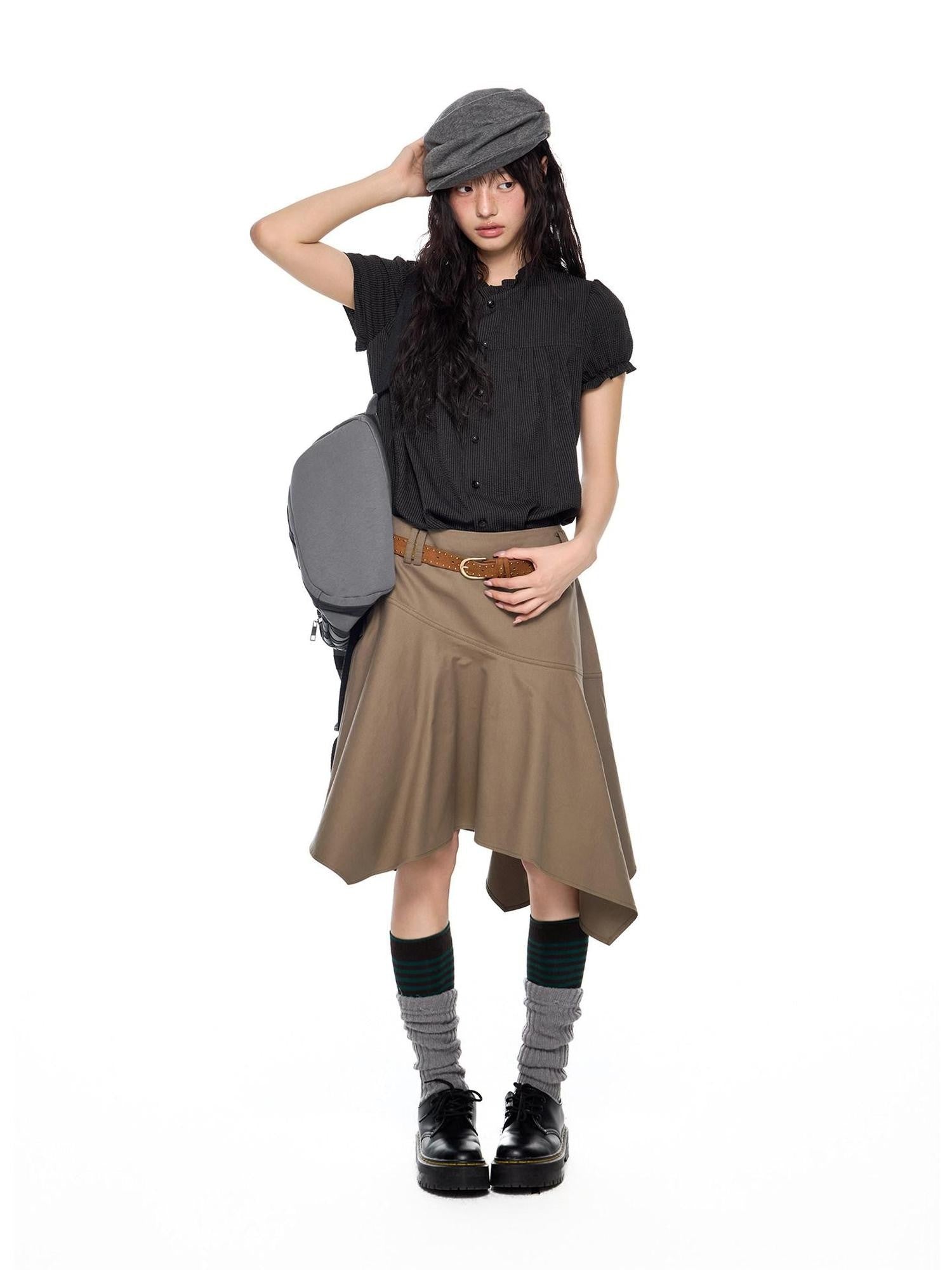 EZEK Ruched Lace Stand Collar Buttons Women's Polyester Cotton Short Sleeve T-shirts