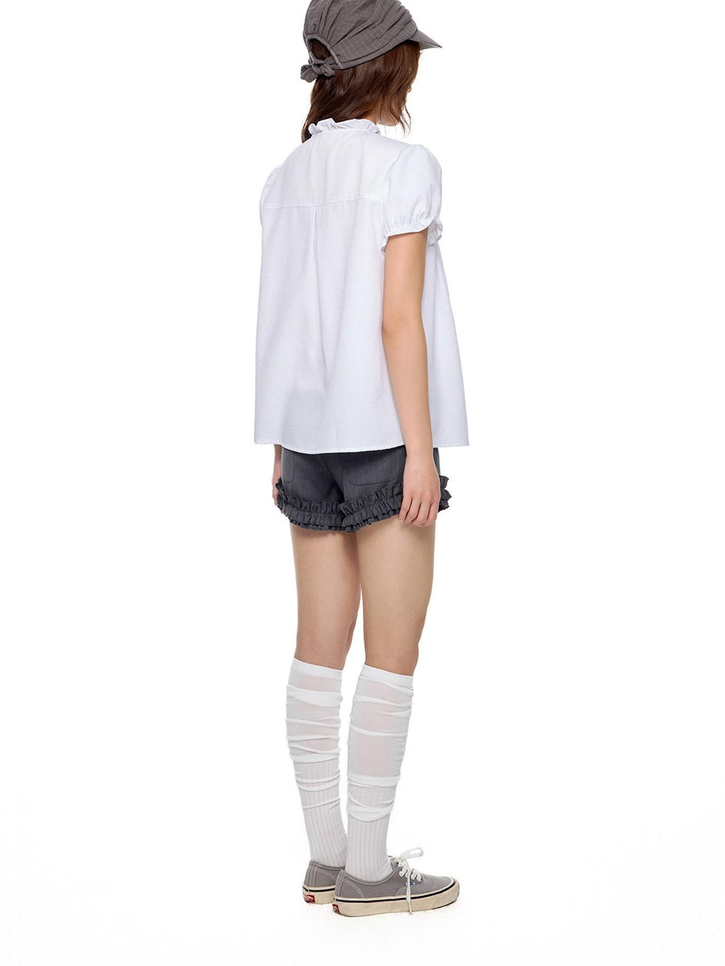 EZEK Ruched Lace Stand Collar Buttons Women's Polyester Cotton Short Sleeve T-shirts