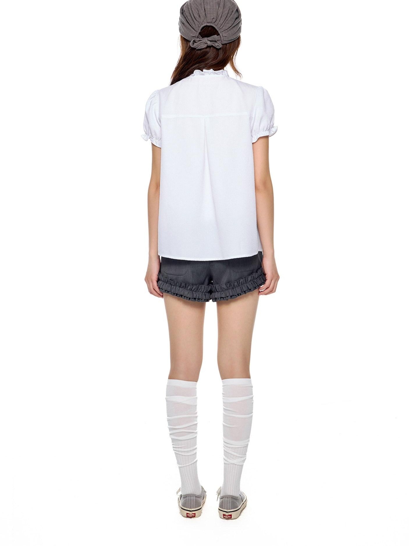 EZEK Ruched Lace Stand Collar Buttons Women's Polyester Cotton Short Sleeve T-shirts