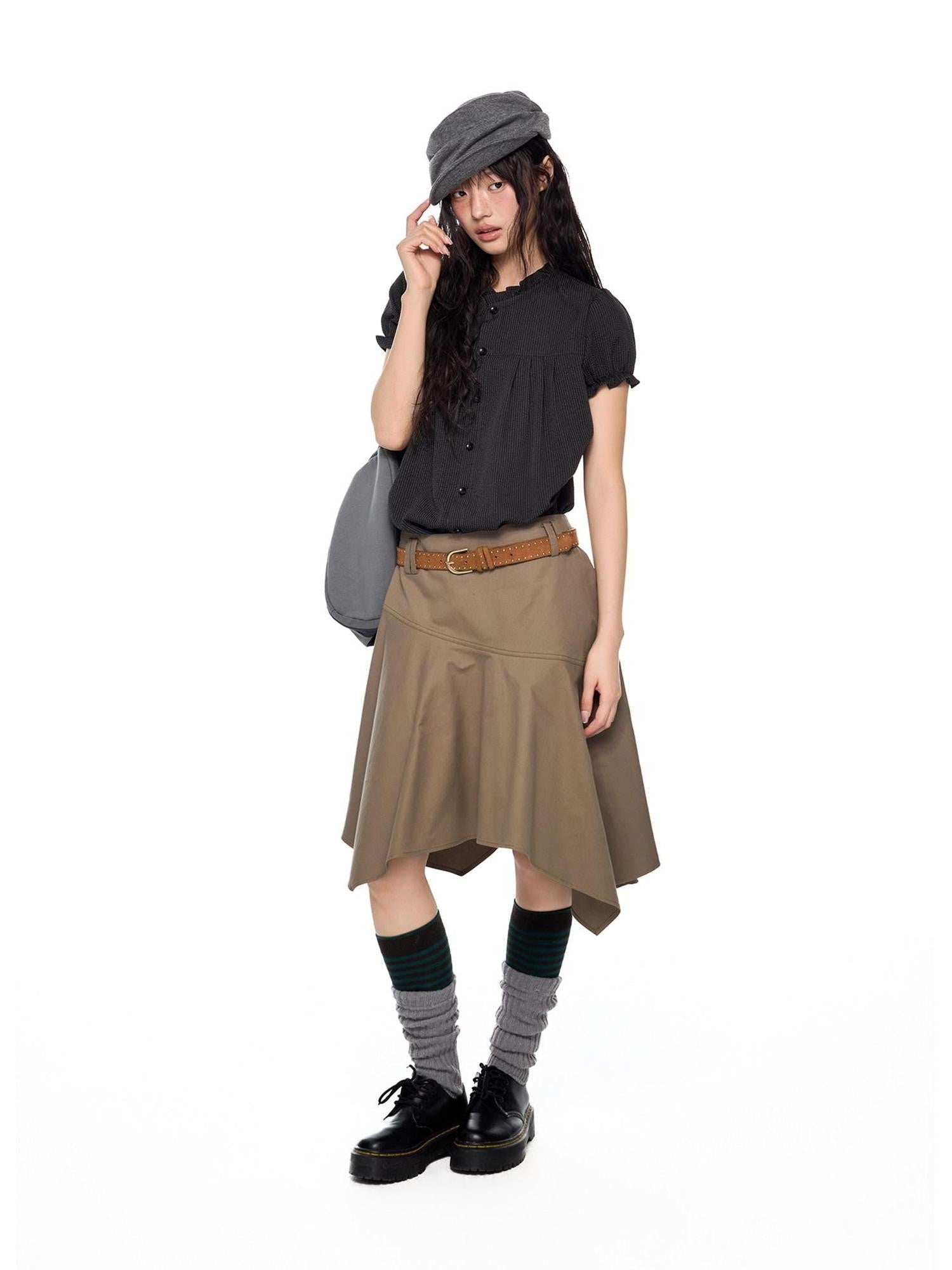 EZEK Ruched Lace Stand Collar Buttons Women's Polyester Cotton Short Sleeve T-shirts