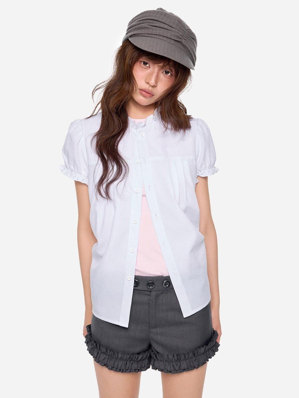 EZEK Ruched Lace Stand Collar Buttons Women's Polyester Cotton Short Sleeve T-shirts