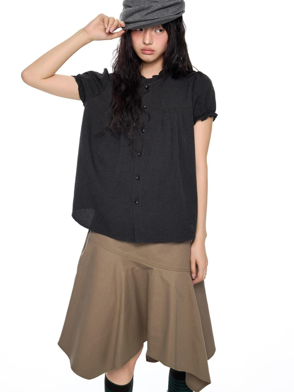 EZEK Ruched Lace Stand Collar Buttons Women's Polyester Cotton Short Sleeve T-shirts