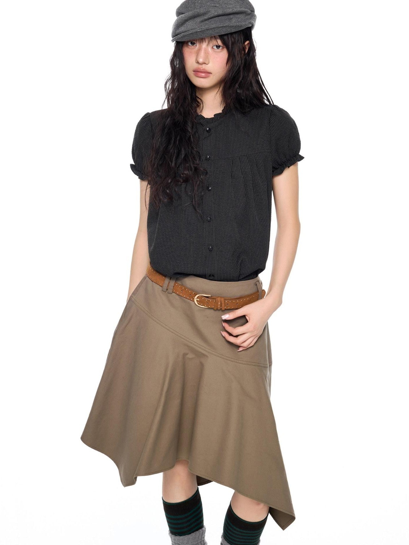 EZEK Ruched Lace Stand Collar Buttons Women's Polyester Cotton Short Sleeve T-shirts