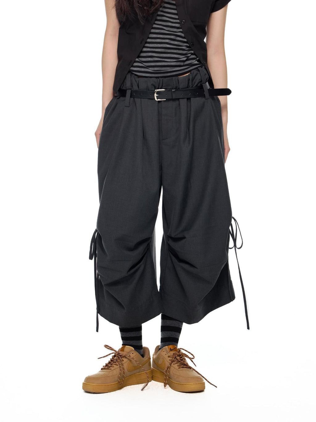EZEK Ruched Tie Waist Wide Leg Women's Polyester Capri Pants