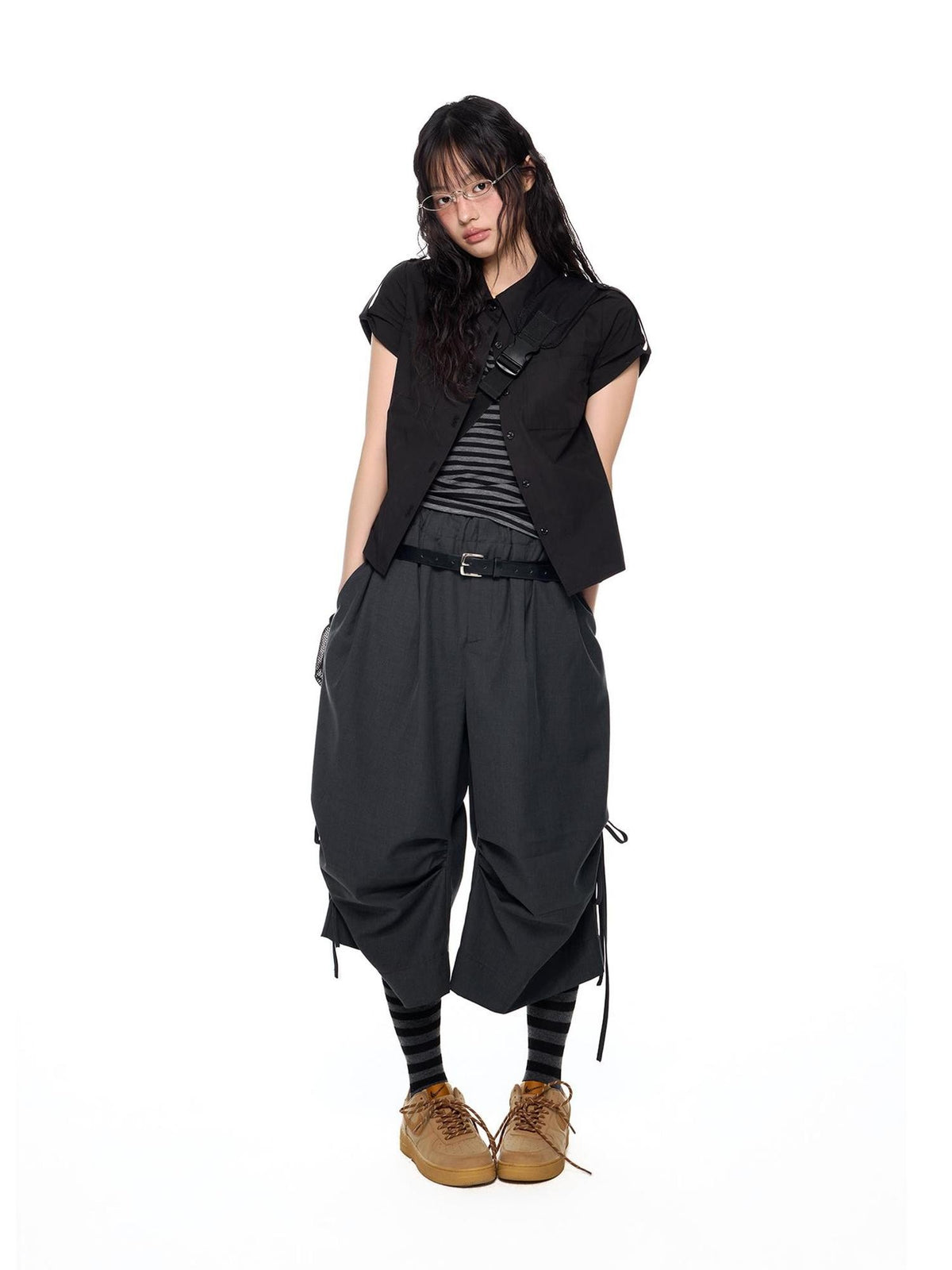 EZEK Ruched Tie Waist Wide Leg Women's Polyester Capri Pants