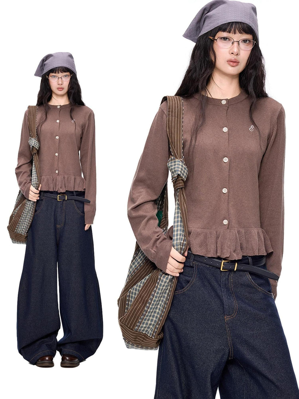EZEK Ruffled Knitted Cropped Long Sleeve Women's Linen Cotton Blend Cardigans