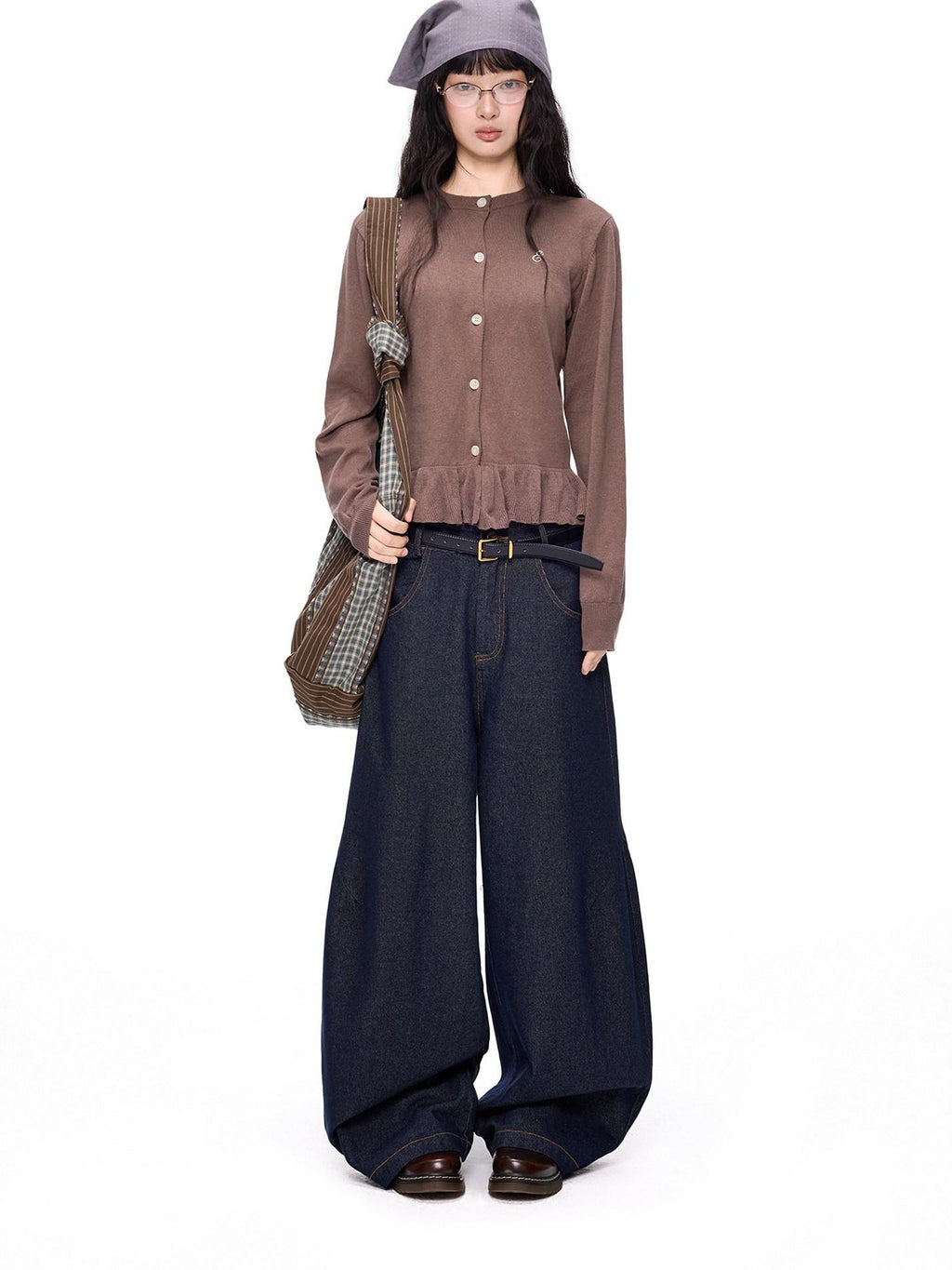 EZEK Ruffled Knitted Cropped Long Sleeve Women's Linen Cotton Blend Cardigans