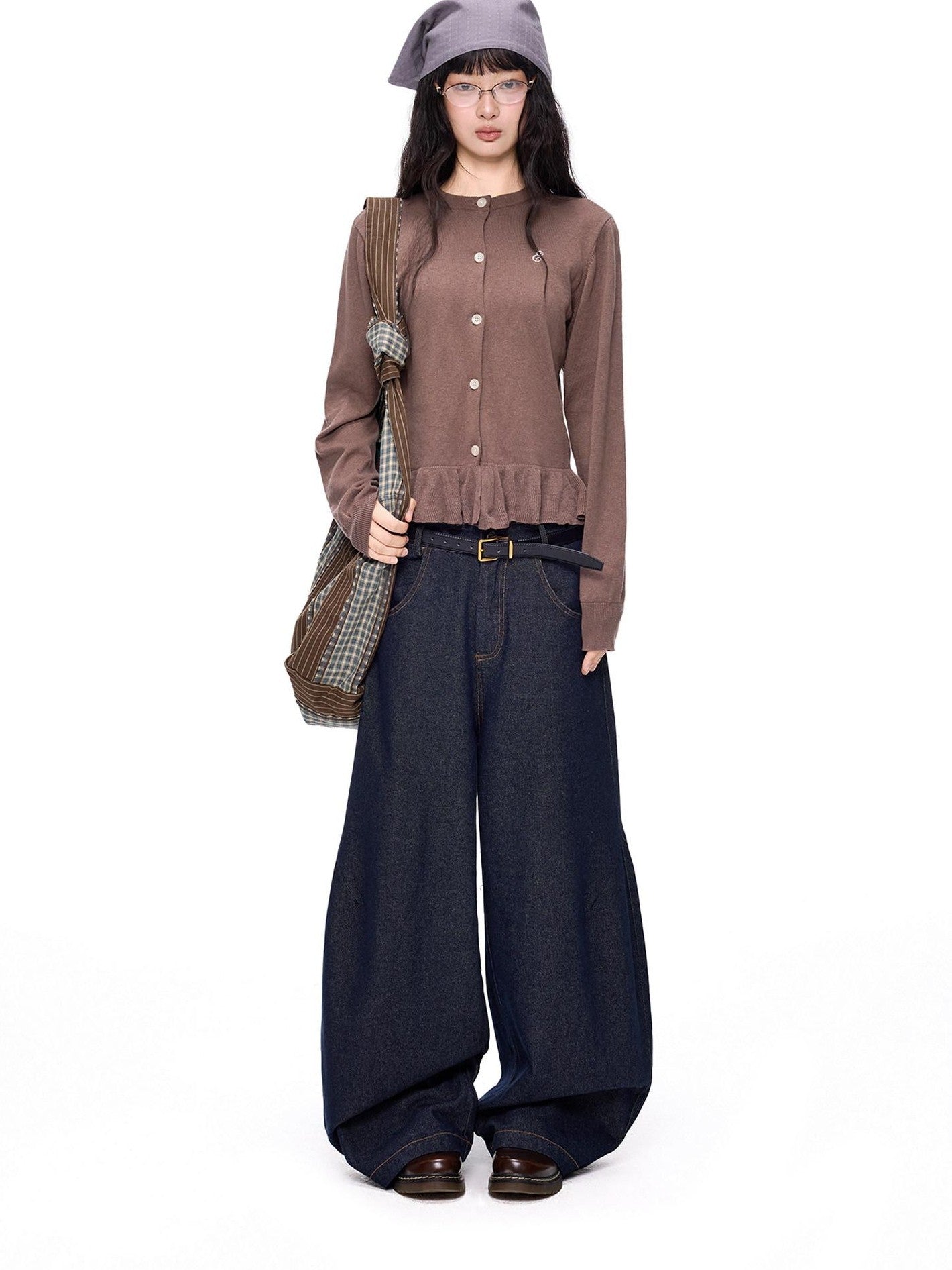 EZEK Ruffled Knitted Cropped Long Sleeve Women's Linen Cotton Blend Cardigans
