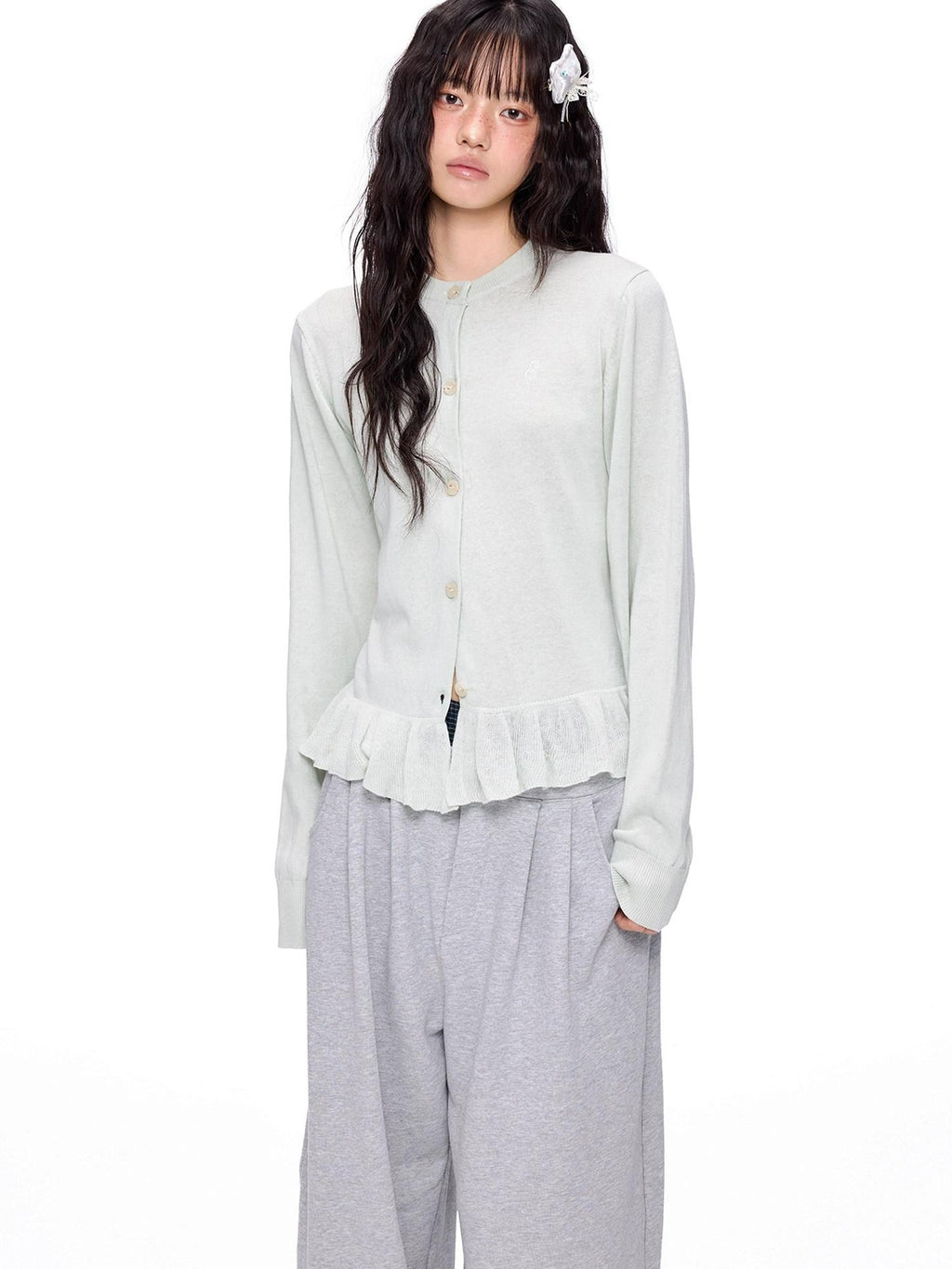 EZEK Ruffled Knitted Cropped Long Sleeve Women's Linen Cotton Blend Cardigans