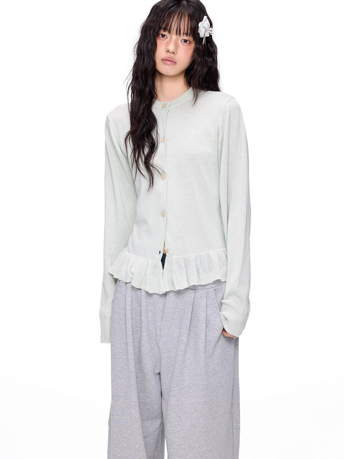 EZEK Ruffled Knitted Cropped Long Sleeve Women's Linen Cotton Blend Cardigans