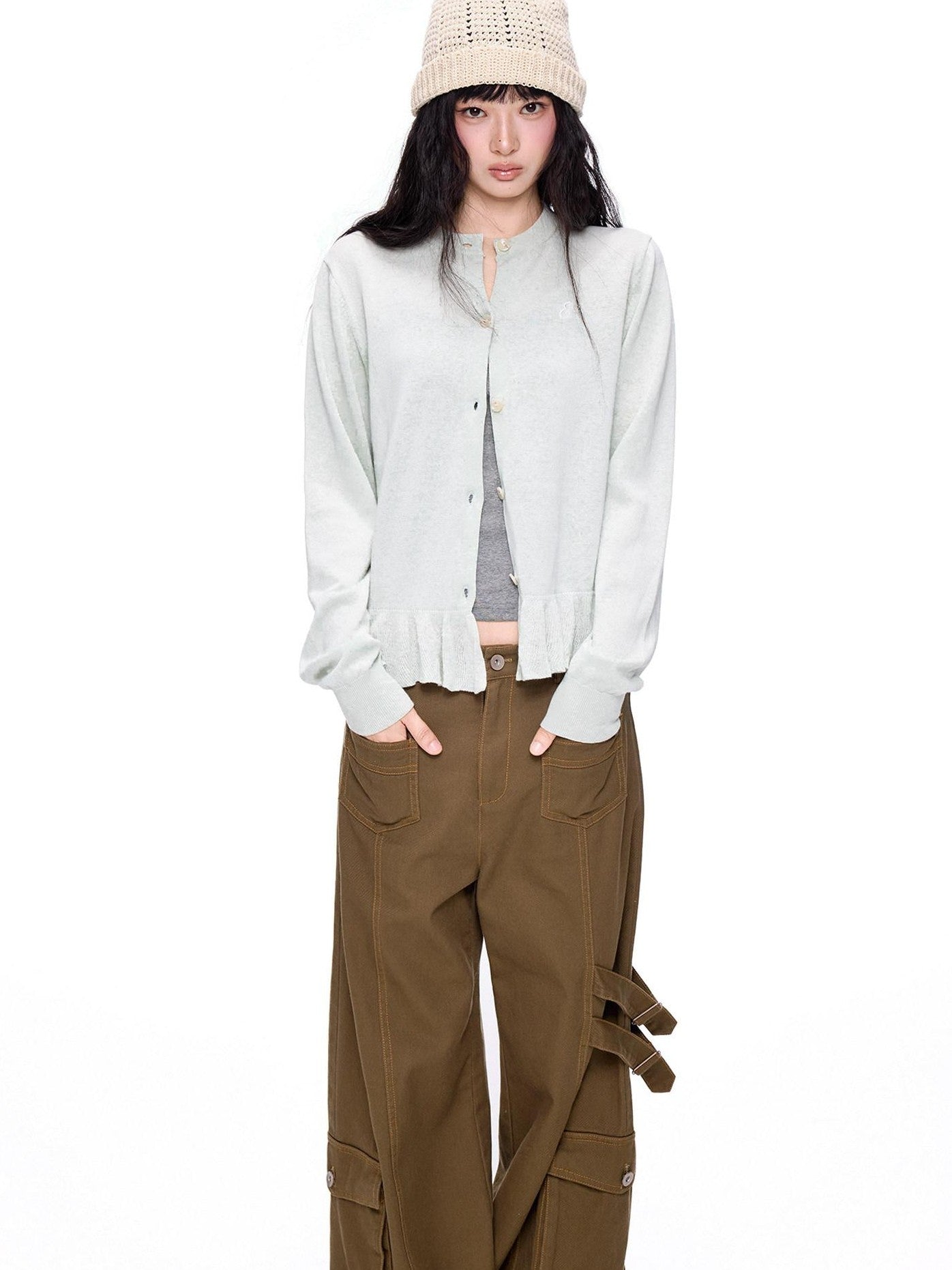 EZEK Ruffled Knitted Cropped Long Sleeve Women's Linen Cotton Blend Cardigans