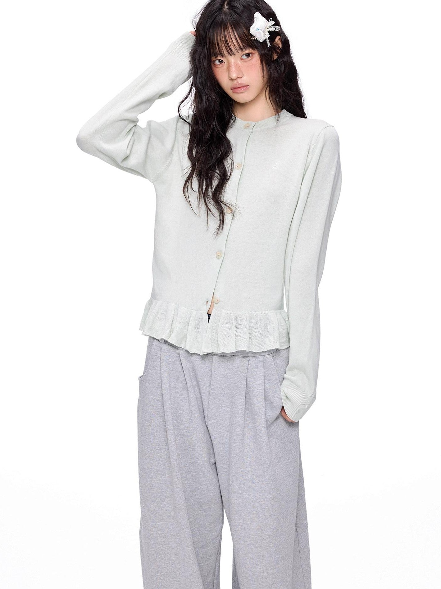 EZEK Ruffled Knitted Cropped Long Sleeve Women's Linen Cotton Blend Cardigans