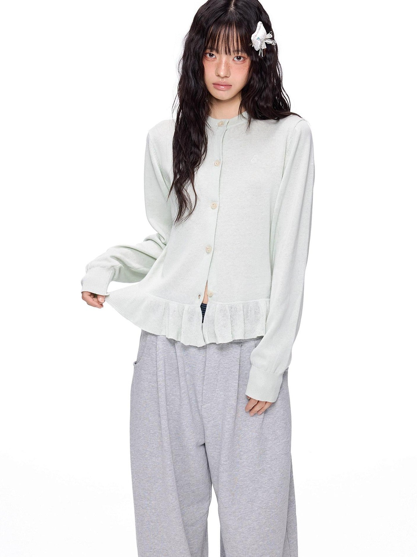 EZEK Ruffled Knitted Cropped Long Sleeve Women's Linen Cotton Blend Cardigans