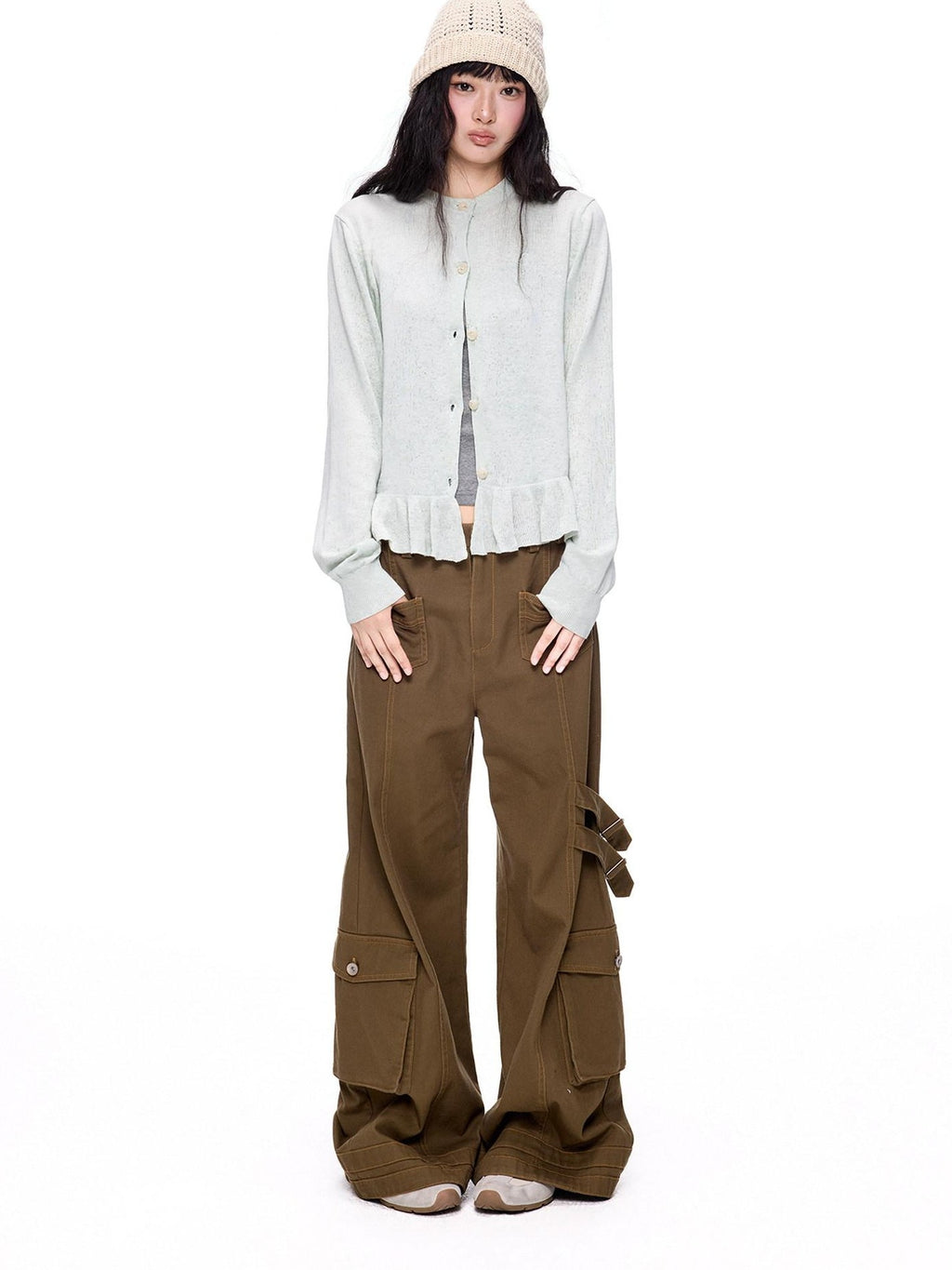 EZEK Ruffled Knitted Cropped Long Sleeve Women's Linen Cotton Blend Cardigans