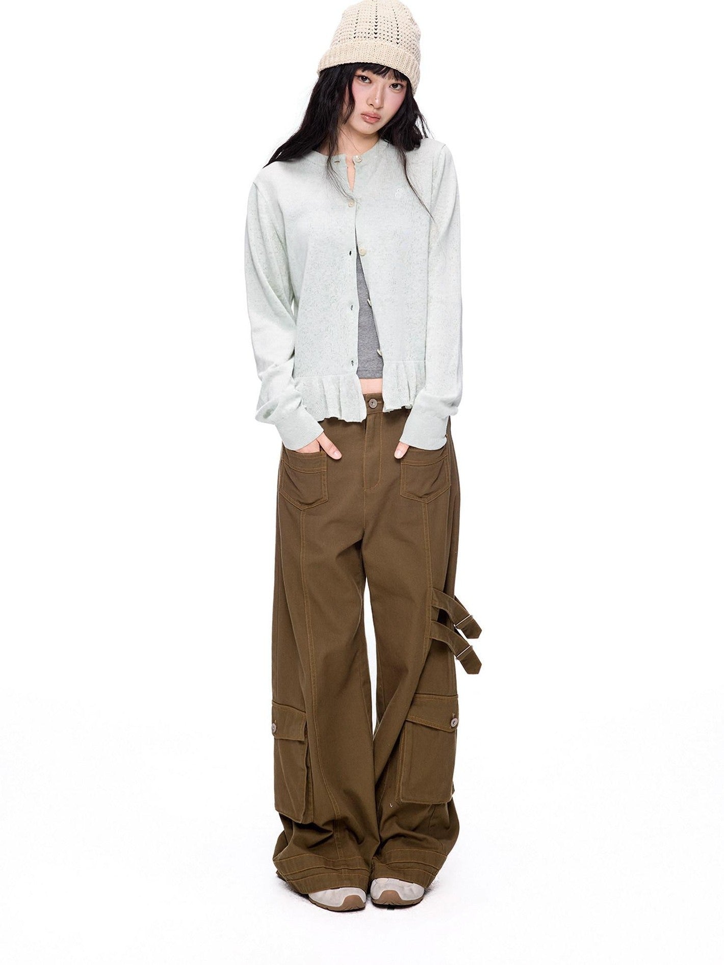 EZEK Ruffled Knitted Cropped Long Sleeve Women's Linen Cotton Blend Cardigans