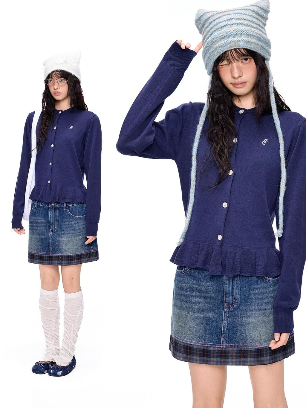 EZEK Ruffled Knitted Cropped Long Sleeve Women's Linen Cotton Blend Cardigans