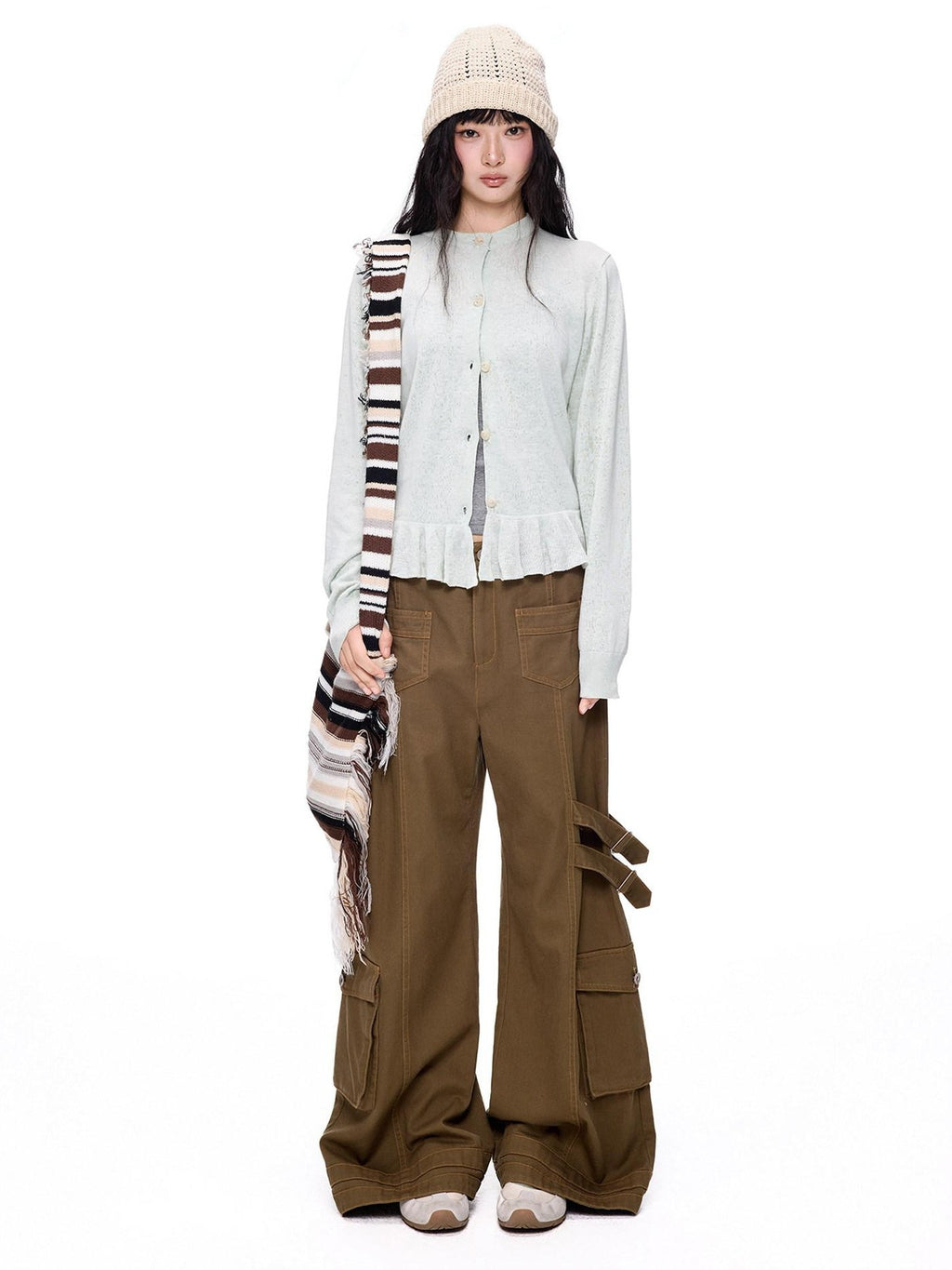 EZEK Ruffled Knitted Cropped Long Sleeve Women's Linen Cotton Blend Cardigans