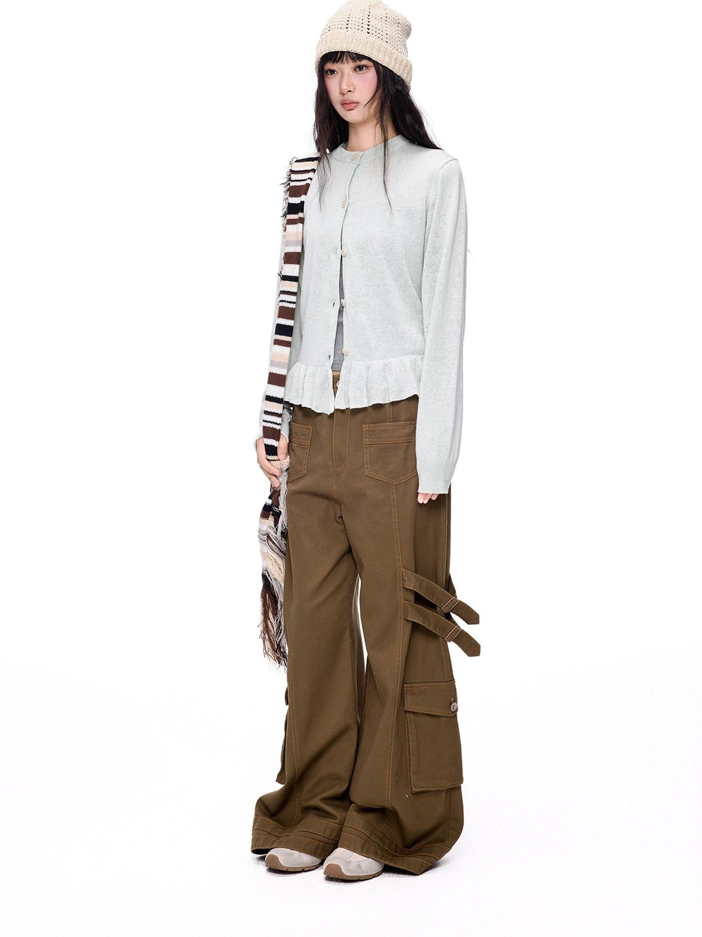 EZEK Ruffled Knitted Cropped Long Sleeve Women's Linen Cotton Blend Cardigans