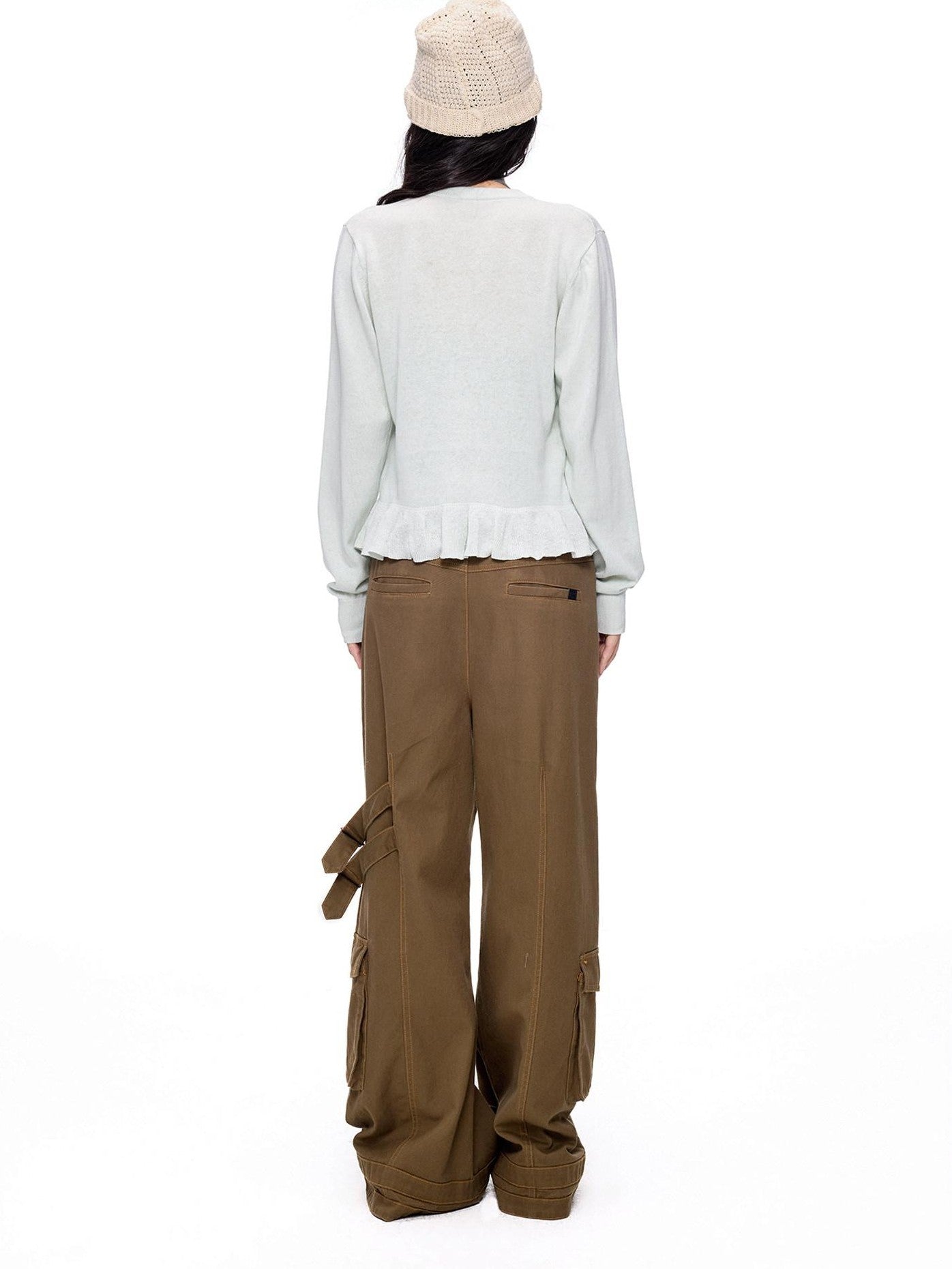 EZEK Ruffled Knitted Cropped Long Sleeve Women's Linen Cotton Blend Cardigans