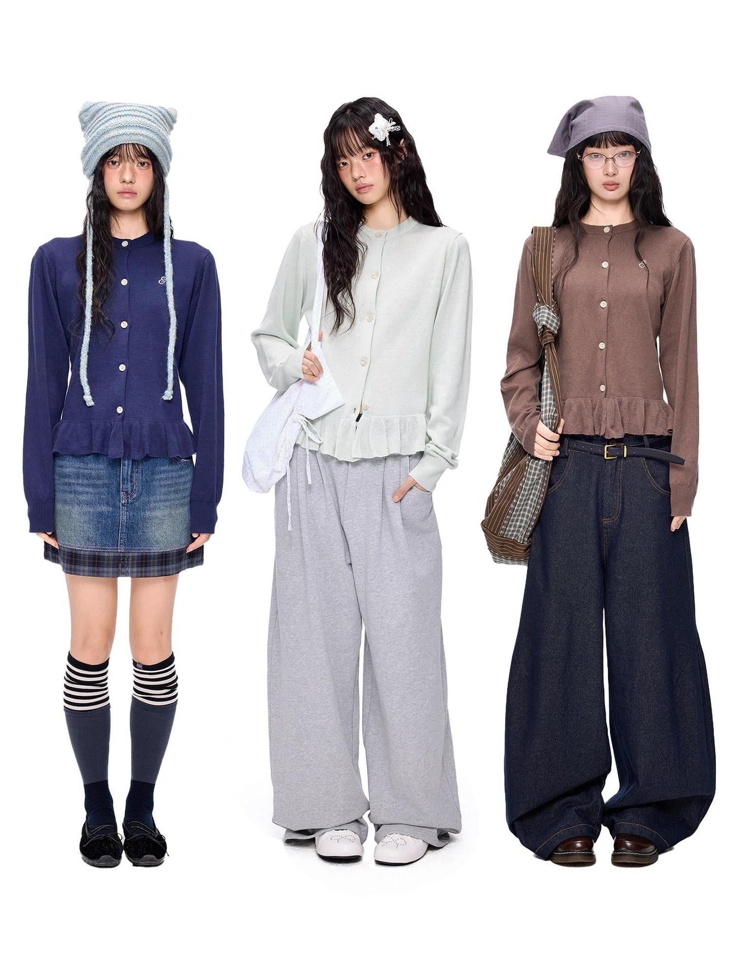 EZEK Ruffled Knitted Cropped Long Sleeve Women's Linen Cotton Blend Cardigans