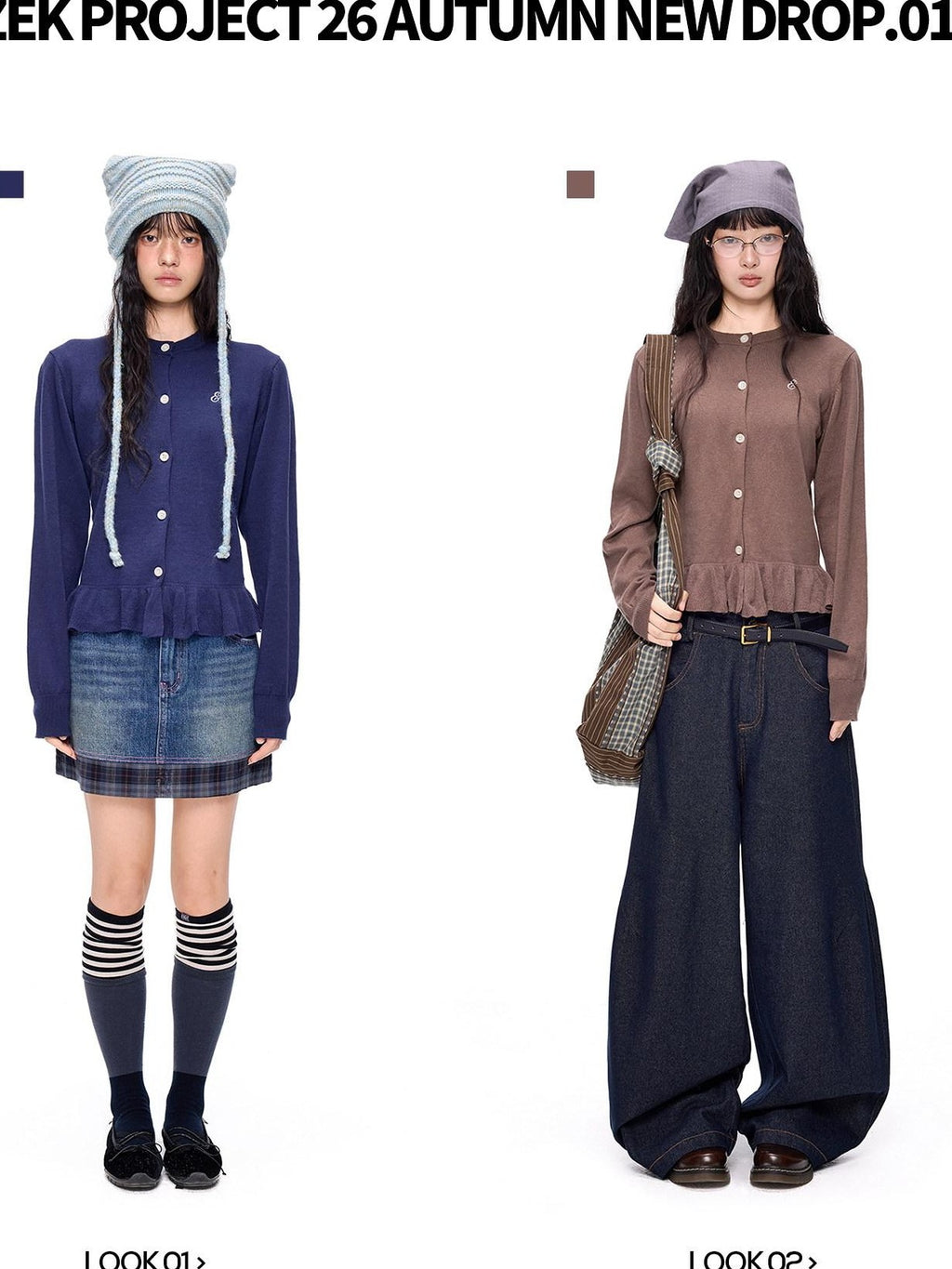 EZEK Ruffled Knitted Cropped Long Sleeve Women's Linen Cotton Blend Cardigans
