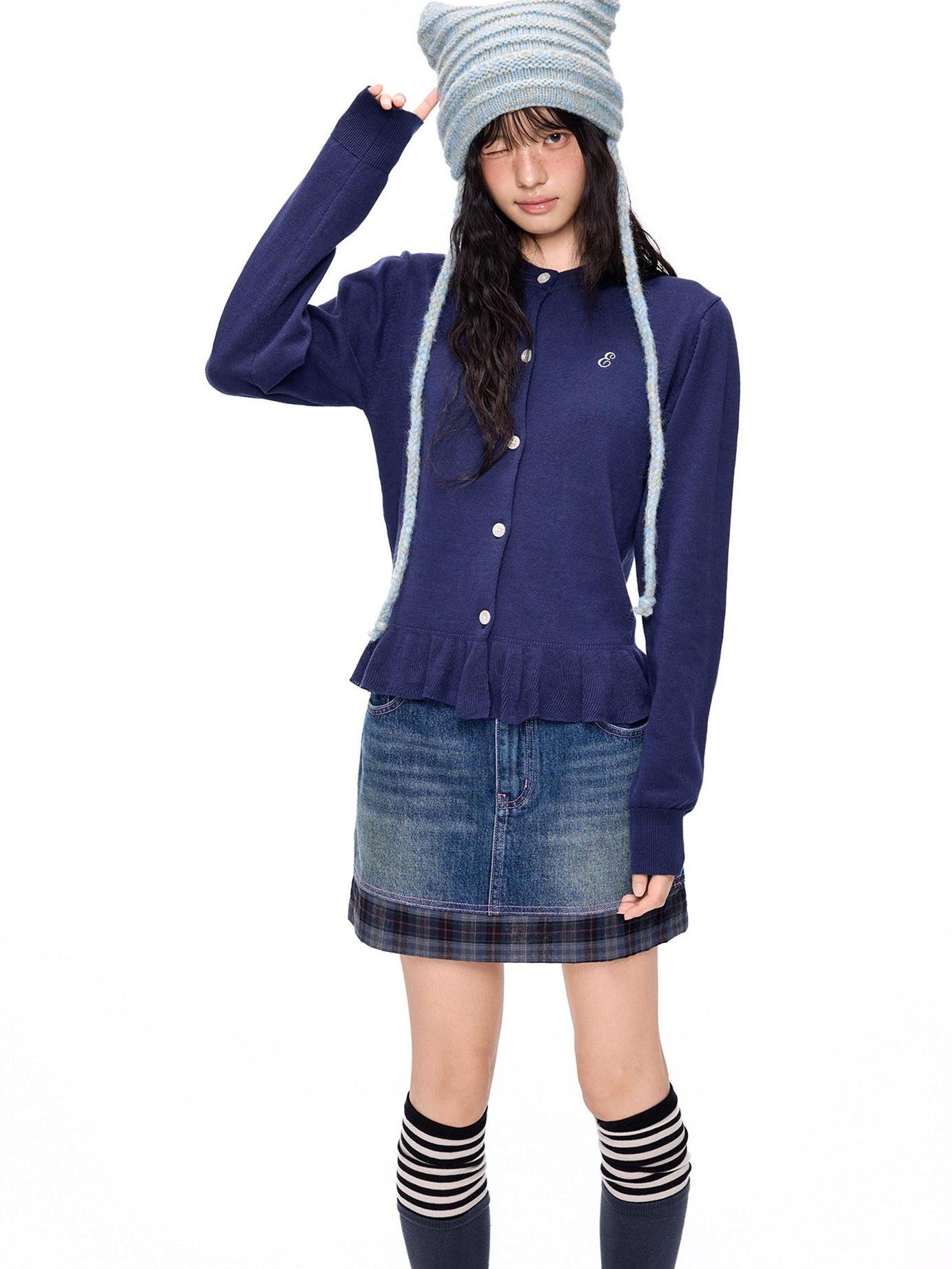 EZEK Ruffled Knitted Cropped Long Sleeve Women's Linen Cotton Blend Cardigans