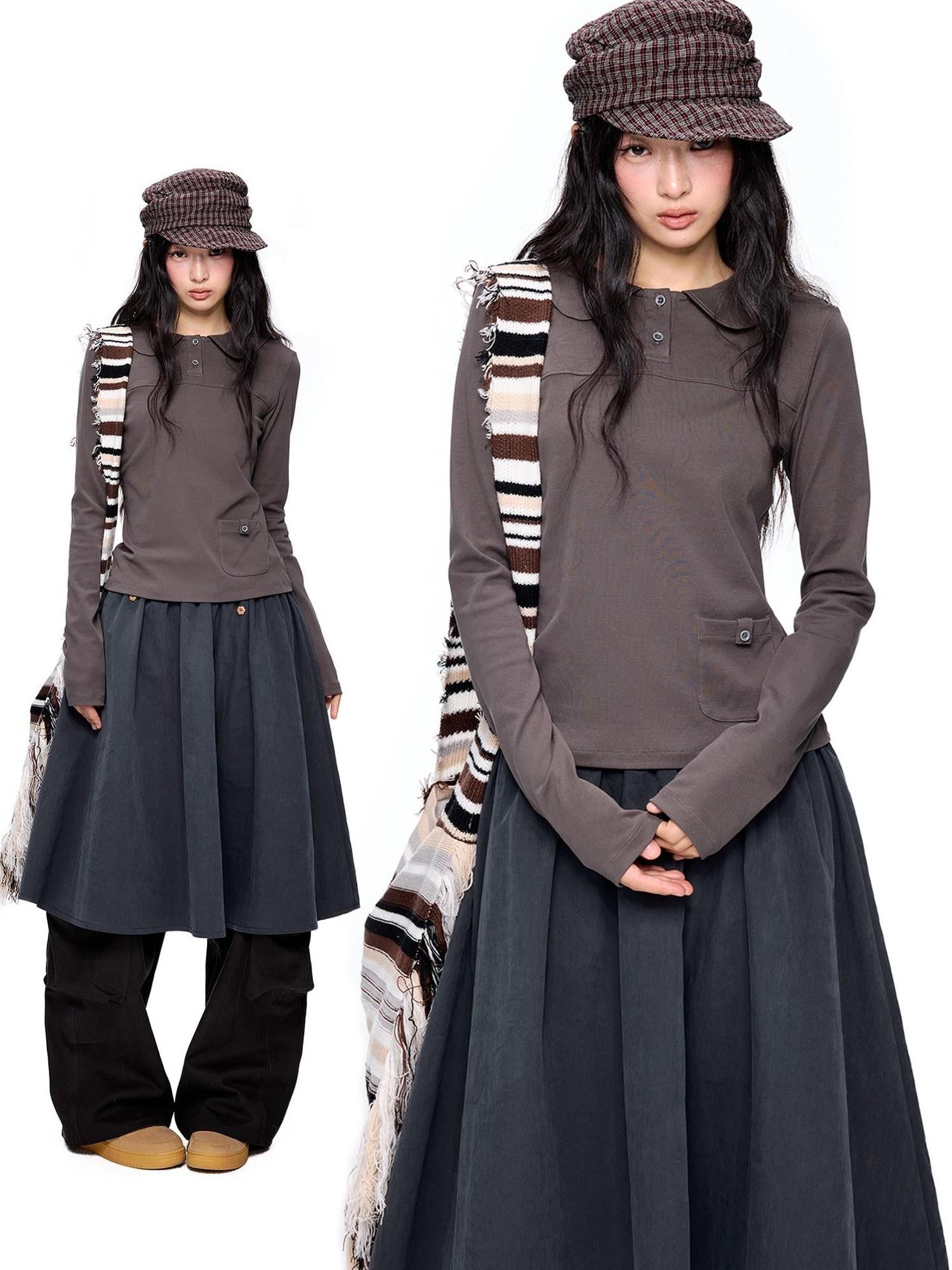 EZEK Sailor Collar Slim Retro Casual Women's Breathable Cotton Long Sleeve T-shirts